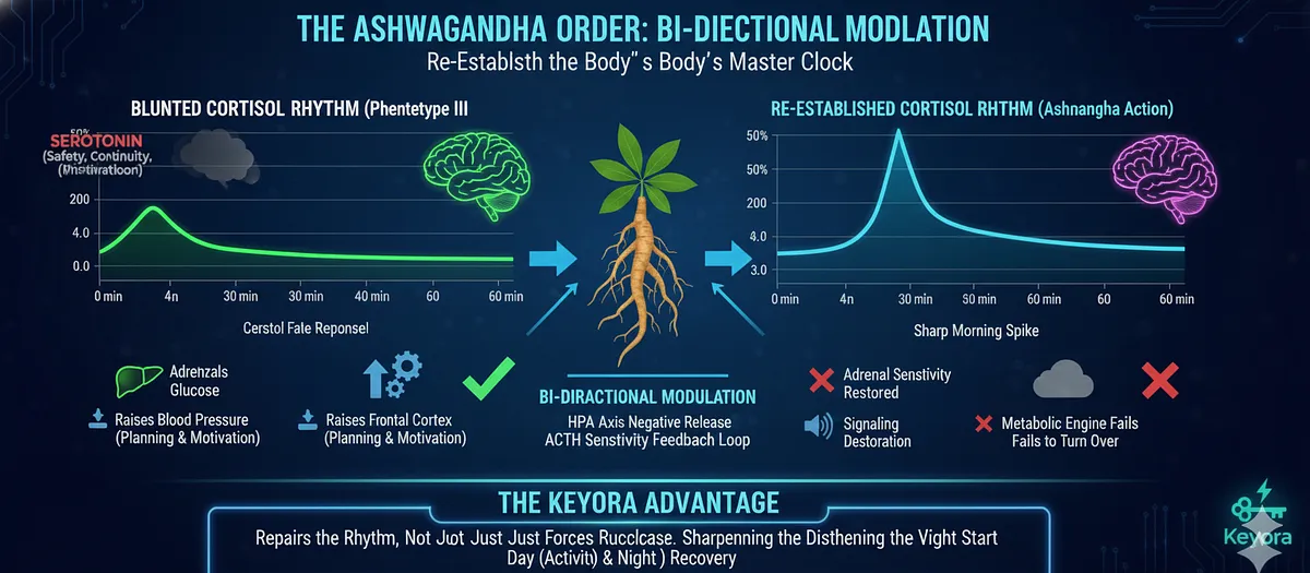 Ashwagandha (Commander) acts as a Bi-Directional Modulator, capable of normalizing blunted Cortisol rhythms in addition to lowering high cortisol. By restoring adrenal cortex sensitivity to ACTH, it helps re-establish the sharp morning spike required for wakefulness. Unlike caffeine, Ashwagandha repairs the rhythm itself, sharpening the curve between Day (Activity) and Night (Recovery). Ashwagandha (Commander) acts as a Bi-Directional Modulator, capable of normalizing blunted Cortisol rhythms in addition to lowering high cortisol. By restoring adrenal cortex sensitivity to ACTH, it helps re-establish the sharp morning spike required for wakefulness. Unlike caffeine, Ashwagandha repairs the rhythm itself, sharpening the curve between Day (Activity) and Night (Recovery).