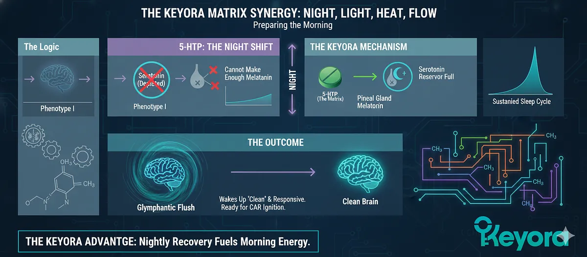 The Keyora Matrix provides the biochemical torque for circadian rhythm repair. 5-HTP (The Night Shift) ensures a strong morning CAR by guaranteeing deep sleep quality. As the Melatonin precursor (via Serotonin), 5-HTP refills the depleted reservoir, allowing the Pineal Gland to sustain the night and enabling Glymphatic System clearance. A "clean brain" is essential for CAR ignition. The Keyora Matrix provides the biochemical torque for circadian rhythm repair. 5-HTP (The Night Shift) ensures a strong morning CAR by guaranteeing deep sleep quality. As the Melatonin precursor (via Serotonin), 5-HTP refills the depleted reservoir, allowing the Pineal Gland to sustain the night and enabling Glymphatic System clearance. A "clean brain" is essential for CAR ignition.