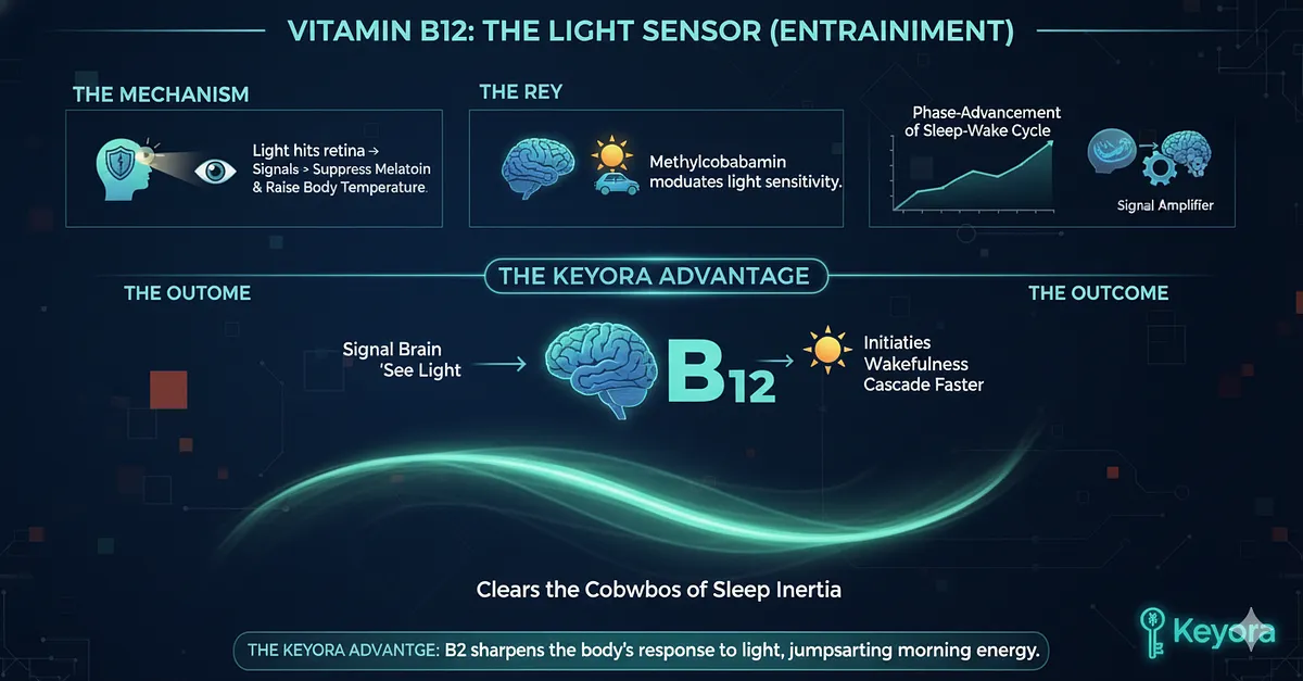 Vitamin B12 (Methylcobalamin) acts as the "Light Sensor" to support the phase-advancement of the sleep-wake cycle. It helps the SCN (Master Clock) recognize "Morning" more efficiently. For Morning Worsening (Phenotype III), B12 acts as a signal amplifier to initiate the wakefulness cascade faster and clear the cobwebs of sleep inertia. Vitamin B12 (Methylcobalamin) acts as the "Light Sensor" to support the phase-advancement of the sleep-wake cycle. It helps the SCN (Master Clock) recognize "Morning" more efficiently. For Morning Worsening (Phenotype III), B12 acts as a signal amplifier to initiate the wakefulness cascade faster and clear the cobwebs of sleep inertia.