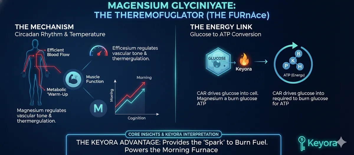 Magnesium Glycinate acts as the "Thermoregulator" ("The Furnace"). It supports the metabolic "warm-up" by regulating vascular tone and thermoregulation. Crucially, Magnesium is required as a cofactor for the efficient burning of glucose (driven by the CAR) for ATP synthesis. Without it, the fuel is present, but the metabolic furnace is cold, impeding morning energy. Magnesium Glycinate acts as the "Thermoregulator" ("The Furnace"). It supports the metabolic "warm-up" by regulating vascular tone and thermoregulation. Crucially, Magnesium is required as a cofactor for the efficient burning of glucose (driven by the CAR) for ATP synthesis. Without it, the fuel is present, but the metabolic furnace is cold, impeding morning energy.