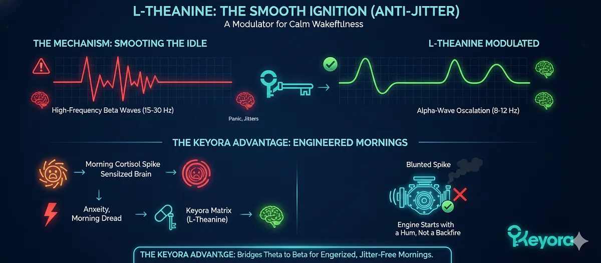 L-Theanine acts as the "Smooth Ignition" and critical "Modulator" to prevent the morning CAR spike from turning into anxiety ("Anti-Jitter"). It induces Alpha-Wave oscillation (8-12 Hz) to "Smooth the Idle." This bridges the gap between grogginess (Theta) and agitation (Beta), creating a state of Calm Wakefulness where the "engine starts with a hum." L-Theanine acts as the "Smooth Ignition" and critical "Modulator" to prevent the morning CAR spike from turning into anxiety ("Anti-Jitter"). It induces Alpha-Wave oscillation (8-12 Hz) to "Smooth the Idle." This bridges the gap between grogginess (Theta) and agitation (Beta), creating a state of Calm Wakefulness where the "engine starts with a hum."
