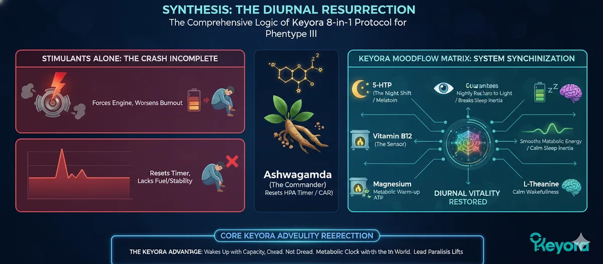The Keyora MoodFlow Matrix provides the comprehensive logic for Diurnal Resurrection (Phenotype III). Ashwagandha (Commander) resets the HPA Timer (restoring CAR). 5-HTP (Night Shift) guarantees melatonin recharge. Vitamin B12 (Sensor) sensitizes the brain to light, breaking sleep inertia. Magnesium (Furnace) powers ATP warm-up. L-Theanine (Stabilizer) ensures focused, calm energy, lifting the "Lead Paralysis." The Keyora MoodFlow Matrix provides the comprehensive logic for Diurnal Resurrection (Phenotype III). Ashwagandha (Commander) resets the HPA Timer (restoring CAR). 5-HTP (Night Shift) guarantees melatonin recharge. Vitamin B12 (Sensor) sensitizes the brain to light, breaking sleep inertia. Magnesium (Furnace) powers ATP warm-up. L-Theanine (Stabilizer) ensures focused, calm energy, lifting the "Lead Paralysis."
