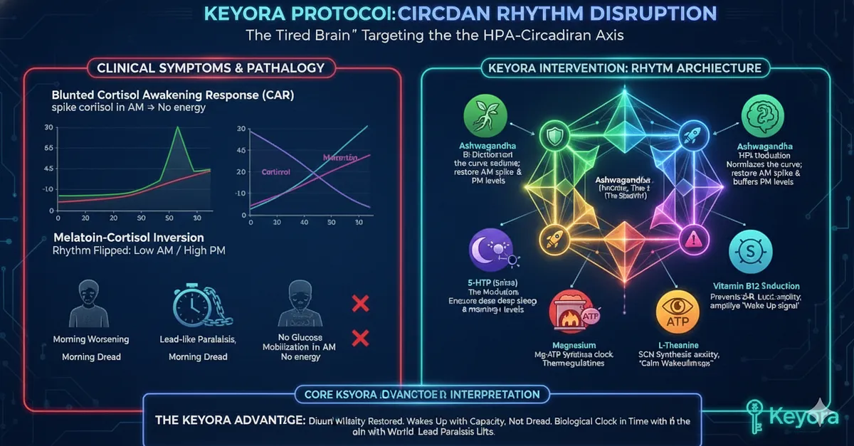 Targeting Circadian Rhythm Disruption ("The Tired Brain"), the Core Pathology is the Blunted Cortisol Awakening Response (CAR), causing Morning Worsening/Sleep Inertia. Ashwagandha (Commander) provides Bi-Directional HPA Modulation to normalize the AM spike. 5-HTP (Night Shift) ensures Melatonin synthesis. B12 (Light Sensor) entrains the SCN. Magnesium (Furnace) powers ATP. L-Theanine (Smooth Ignition) induces Alpha-Waves for "Calm Wakefulness." Targeting Circadian Rhythm Disruption ("The Tired Brain"), the Core Pathology is the Blunted Cortisol Awakening Response (CAR), causing Morning Worsening/Sleep Inertia. Ashwagandha (Commander) provides Bi-Directional HPA Modulation to normalize the AM spike. 5-HTP (Night Shift) ensures Melatonin synthesis. B12 (Light Sensor) entrains the SCN. Magnesium (Furnace) powers ATP. L-Theanine (Smooth Ignition) induces Alpha-Waves for "Calm Wakefulness."