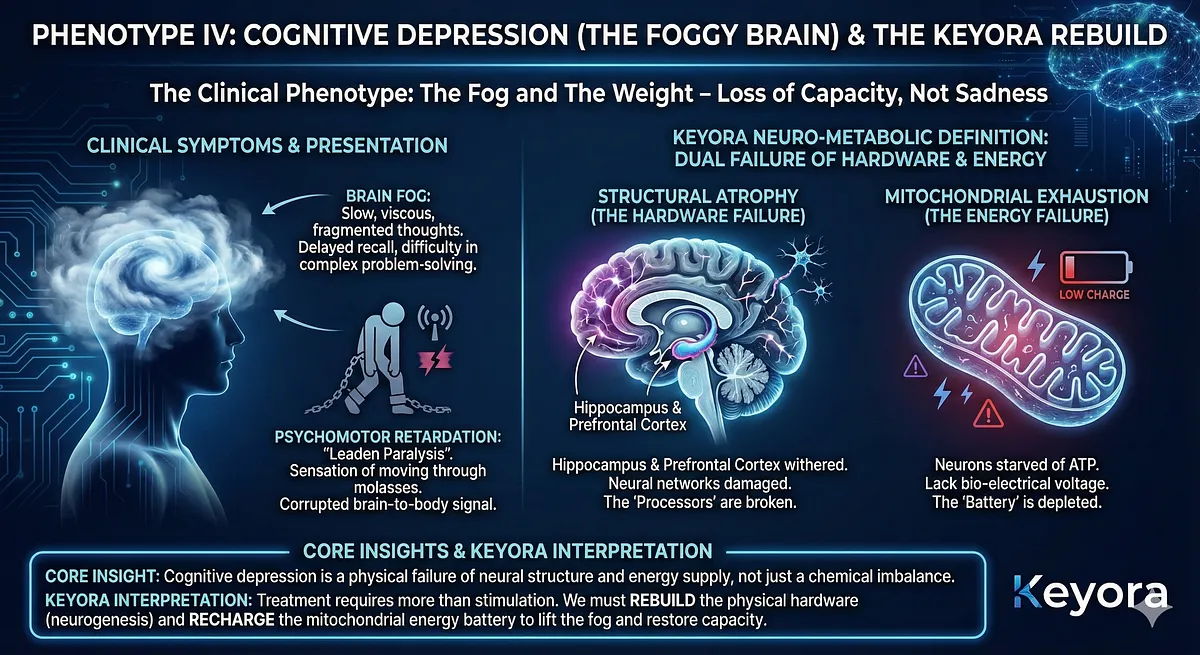 Phenotype IV (Cognitive Depression) presents as debilitating "Brain Fog," slow thoughts, and Psychomotor Retardation ("Leaden Paralysis"). Keyora defines this as a dual failure of Hardware and Energy: Structural Atrophy (withered neural networks in the Hippocampus/Prefrontal Cortex) and Mitochondrial Exhaustion (starved ATP). Treatment requires rebuilding the structure and recharging the battery. Phenotype IV (Cognitive Depression) presents as debilitating "Brain Fog," slow thoughts, and Psychomotor Retardation ("Leaden Paralysis"). Keyora defines this as a dual failure of Hardware and Energy: Structural Atrophy (withered neural networks in the Hippocampus/Prefrontal Cortex) and Mitochondrial Exhaustion (starved ATP). Treatment requires rebuilding the structure and recharging the battery.