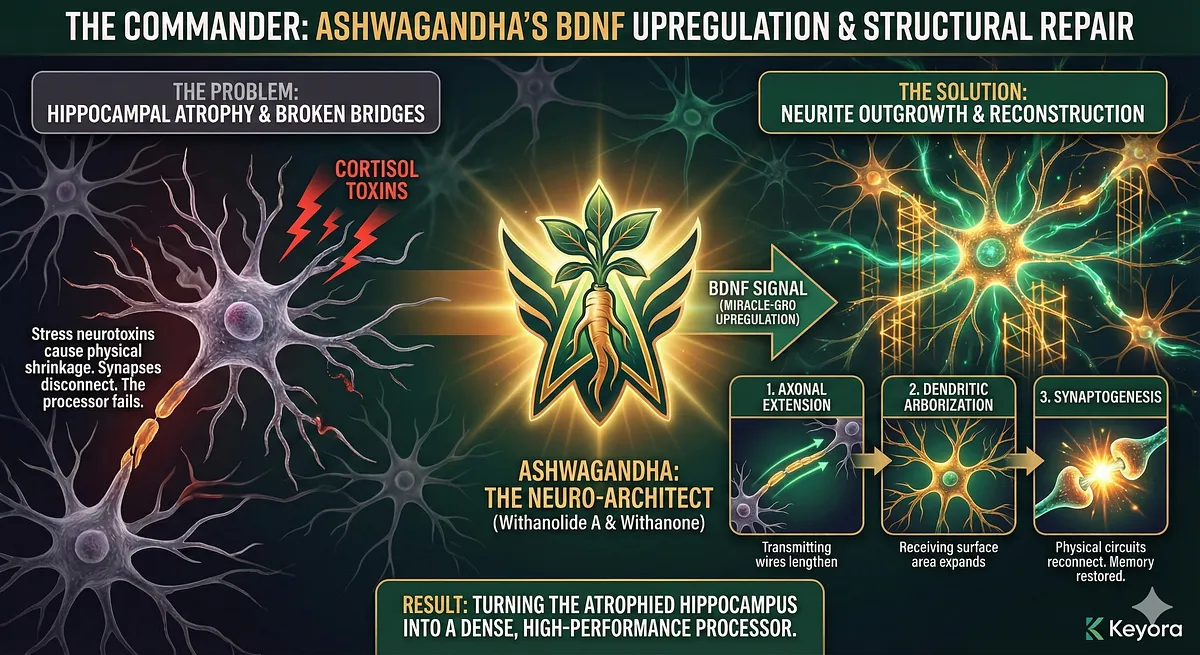The root of "Brain Fog" is Hippocampal Atrophy (dendritic retraction/synaptic disconnection). Ashwagandha (Neuro-Architect) reverses this via Neurotrophin-Mimetic Activity (Withanolide A/Withanone). It triggers BDNF Upregulation (Miracle-Gro), initiating Neurite Outgrowth, Axonal Extension, Dendritic Arborization, and Synaptogenesis, physically rebuilding the atrophied hippocampus and restoring cognitive hardware. The root of "Brain Fog" is Hippocampal Atrophy (dendritic retraction/synaptic disconnection). Ashwagandha (Neuro-Architect) reverses this via Neurotrophin-Mimetic Activity (Withanolide A/Withanone). It triggers BDNF Upregulation (Miracle-Gro), initiating Neurite Outgrowth, Axonal Extension, Dendritic Arborization, and Synaptogenesis, physically rebuilding the atrophied hippocampus and restoring cognitive hardware.