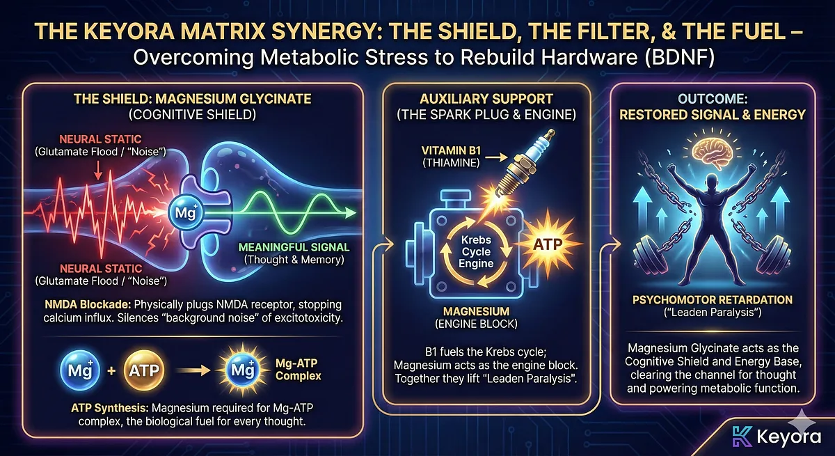 To overcome Cognitive Depression obstacles (Excitotoxicity, Dysregulation, Depletion), Magnesium Glycinate acts as the Cognitive Shield. It achieves NMDA Blockade to silence "Neural Static" (Glutamate/Calcium influx). It is also vital for ATP Synthesis (Mg-ATP complex), supported by Vitamin B1 (Thiamine) which fuels the Krebs cycle. Together, they combat Mitochondrial Exhaustion and lift "Leaden Paralysis." To overcome Cognitive Depression obstacles (Excitotoxicity, Dysregulation, Depletion), Magnesium Glycinate acts as the Cognitive Shield. It achieves NMDA Blockade to silence "Neural Static" (Glutamate/Calcium influx). It is also vital for ATP Synthesis (Mg-ATP complex), supported by Vitamin B1 (Thiamine) which fuels the Krebs cycle. Together, they combat Mitochondrial Exhaustion and lift "Leaden Paralysis."