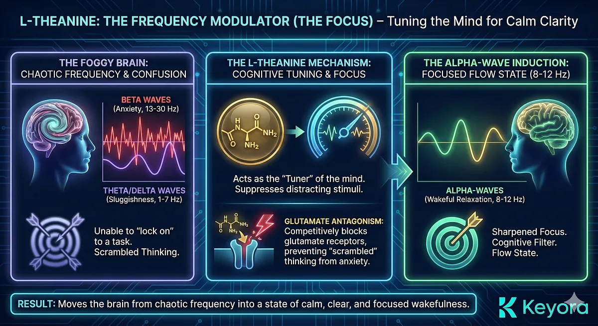 L-Theanine acts as the "Frequency Modulator" ("The Tuner") to combat the chaotic electrical state of the "Foggy Brain." It induces Alpha-Wave Induction (8-12 Hz), the frequency of "Flow State" and Wakeful Relaxation. As a Glutamate Antagonist, it suppresses "scrambled" thinking and mental confusion, acting as a cognitive filter to sharpen focus. L-Theanine acts as the "Frequency Modulator" ("The Tuner") to combat the chaotic electrical state of the "Foggy Brain." It induces Alpha-Wave Induction (8-12 Hz), the frequency of "Flow State" and Wakeful Relaxation. As a Glutamate Antagonist, it suppresses "scrambled" thinking and mental confusion, acting as a cognitive filter to sharpen focus.
