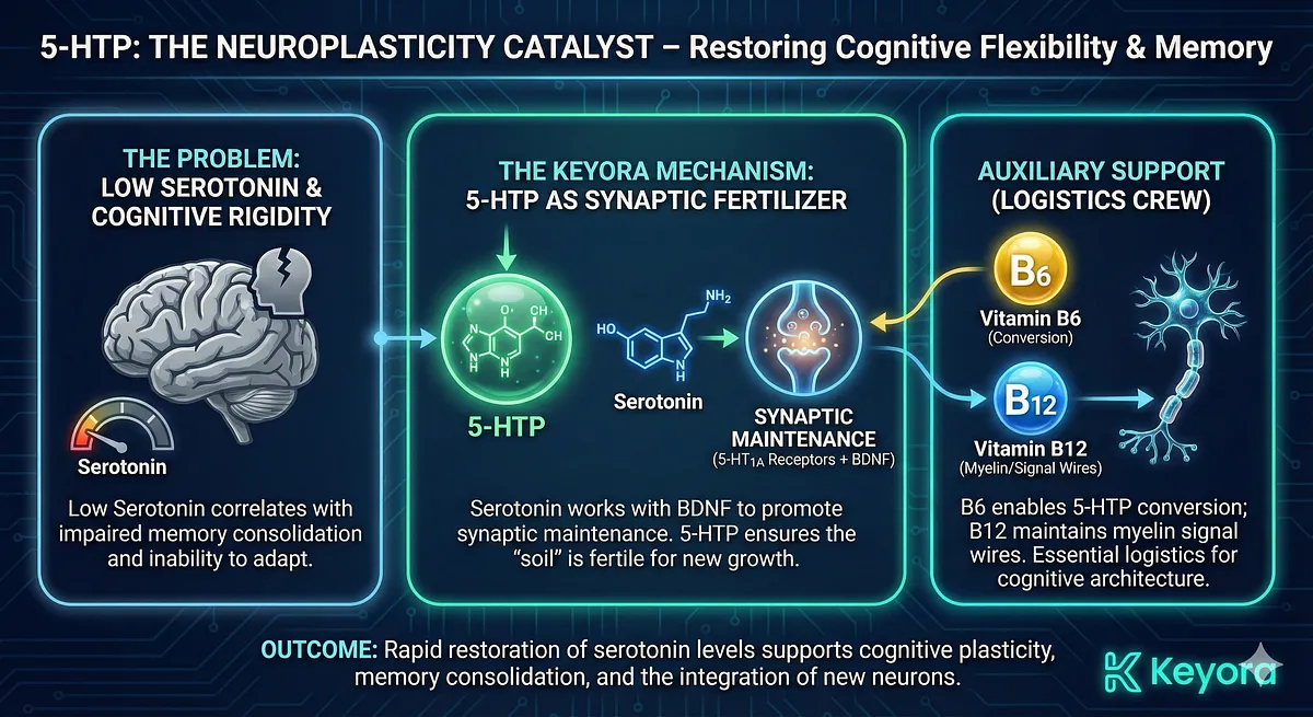 5-HTP is the Neuroplasticity Catalyst; restoring Serotonin is critical for memory consolidation and cognitive flexibility. Serotonin receptors (5-HT1A) work synergistically with BDNF to promote synaptic maintenance ("Synaptic Fertilizer"). Vitamin B6 (conversion) and Vitamin B12 (Myelin maintenance) act as essential logistics crew, ensuring 5-HTP effectively supports cognitive architecture. 5-HTP is the Neuroplasticity Catalyst; restoring Serotonin is critical for memory consolidation and cognitive flexibility. Serotonin receptors (5-HT1A) work synergistically with BDNF to promote synaptic maintenance ("Synaptic Fertilizer"). Vitamin B6 (conversion) and Vitamin B12 (Myelin maintenance) act as essential logistics crew, ensuring 5-HTP effectively supports cognitive architecture.