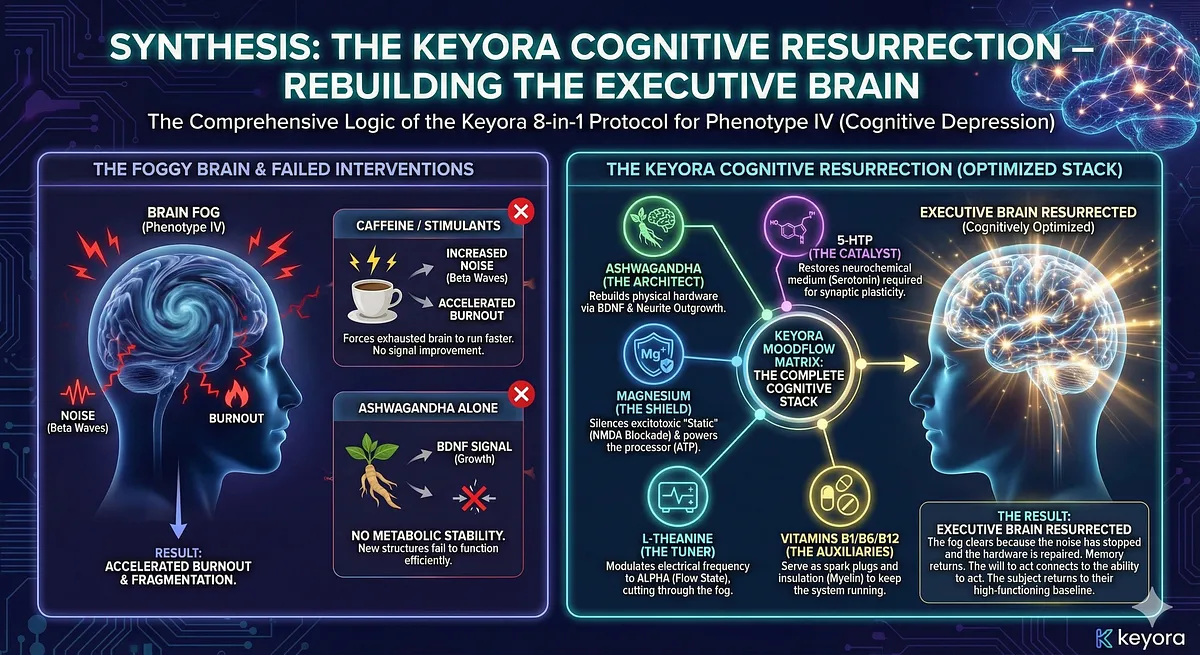 The Keyora MoodFlow Matrix provides the complete cognitive stack for Brain Fog (Phenotype IV). Ashwagandha (Architect) rebuilds hardware via BDNF/Neurite Outgrowth. Magnesium (Shield) silences NMDA excitotoxic static and powers ATP. L-Theanine (Tuner) shifts frequency to Alpha (Flow State). 5-HTP (Catalyst) restores Serotonin for synaptic plasticity. B1/B6/B12 (Auxiliaries) provide spark plugs/Myelin. The Keyora MoodFlow Matrix provides the complete cognitive stack for Brain Fog (Phenotype IV). Ashwagandha (Architect) rebuilds hardware via BDNF/Neurite Outgrowth. Magnesium (Shield) silences NMDA excitotoxic static and powers ATP. L-Theanine (Tuner) shifts frequency to Alpha (Flow State). 5-HTP (Catalyst) restores Serotonin for synaptic plasticity. B1/B6/B12 (Auxiliaries) provide spark plugs/Myelin.