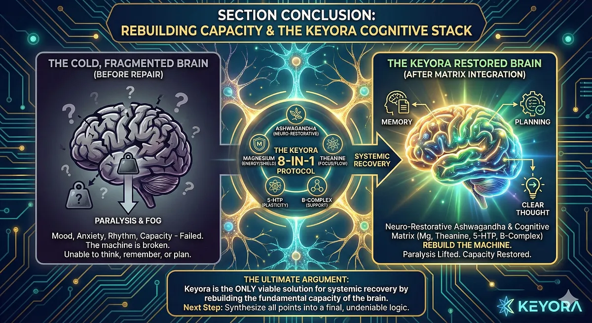 The Fundamental Capacity of the brain is restored, moving beyond Mood (I), Anxiety (II), and Rhythm (III). Ashwagandha (Neuro-Restorative) combined with Matrix Cognitive Support (Mg, Theanine, 5-HTP, B-Complex) has rebuilt the machine. Having mapped all four Depression Phenotypes, the Keyora Protocol is established as the comprehensive solution for the "Cold Brain." Next is The Ultimate Argument proving the 8-in-1 Matrix is the only viable path for systemic recovery. The Fundamental Capacity of the brain is restored, moving beyond Mood (I), Anxiety (II), and Rhythm (III). Ashwagandha (Neuro-Restorative) combined with Matrix Cognitive Support (Mg, Theanine, 5-HTP, B-Complex) has rebuilt the machine. Having mapped all four Depression Phenotypes, the Keyora Protocol is established as the comprehensive solution for the "Cold Brain." Next is The Ultimate Argument proving the 8-in-1 Matrix is the only viable path for systemic recovery.