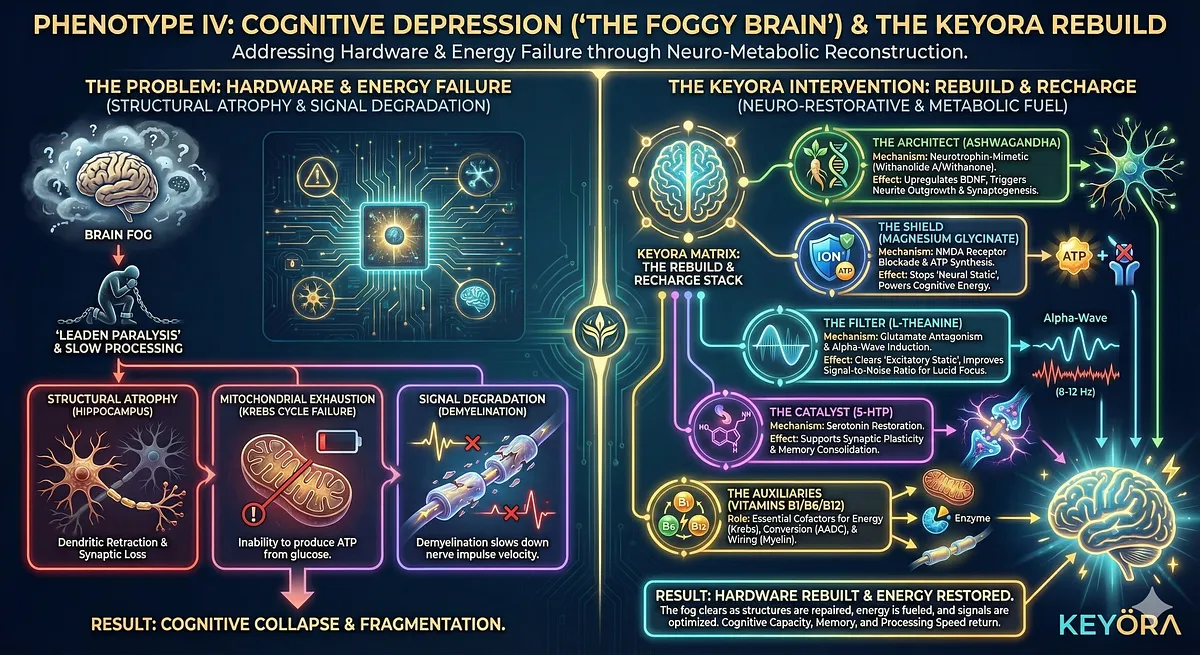 Targeting Cognitive Depression ("Foggy Brain"), the Core Pathology is Hardware & Energy Failure (Structural Atrophy/Mitochondrial Exhaustion). Ashwagandha (Architect) uses Neurotrophin-Mimetic activity to trigger BDNF/Neurite Outgrowth. Magnesium (Shield) provides NMDA Blockade/ATP Synthesis. L-Theanine (Filter) induces Alpha-Waves. 5-HTP (Catalyst) supports synaptic plasticity. B1/B6/B12 (Auxiliaries) support Energy/Myelin. Targeting Cognitive Depression ("Foggy Brain"), the Core Pathology is Hardware & Energy Failure (Structural Atrophy/Mitochondrial Exhaustion). Ashwagandha (Architect) uses Neurotrophin-Mimetic activity to trigger BDNF/Neurite Outgrowth. Magnesium (Shield) provides NMDA Blockade/ATP Synthesis. L-Theanine (Filter) induces Alpha-Waves. 5-HTP (Catalyst) supports synaptic plasticity. B1/B6/B12 (Auxiliaries) support Energy/Myelin.