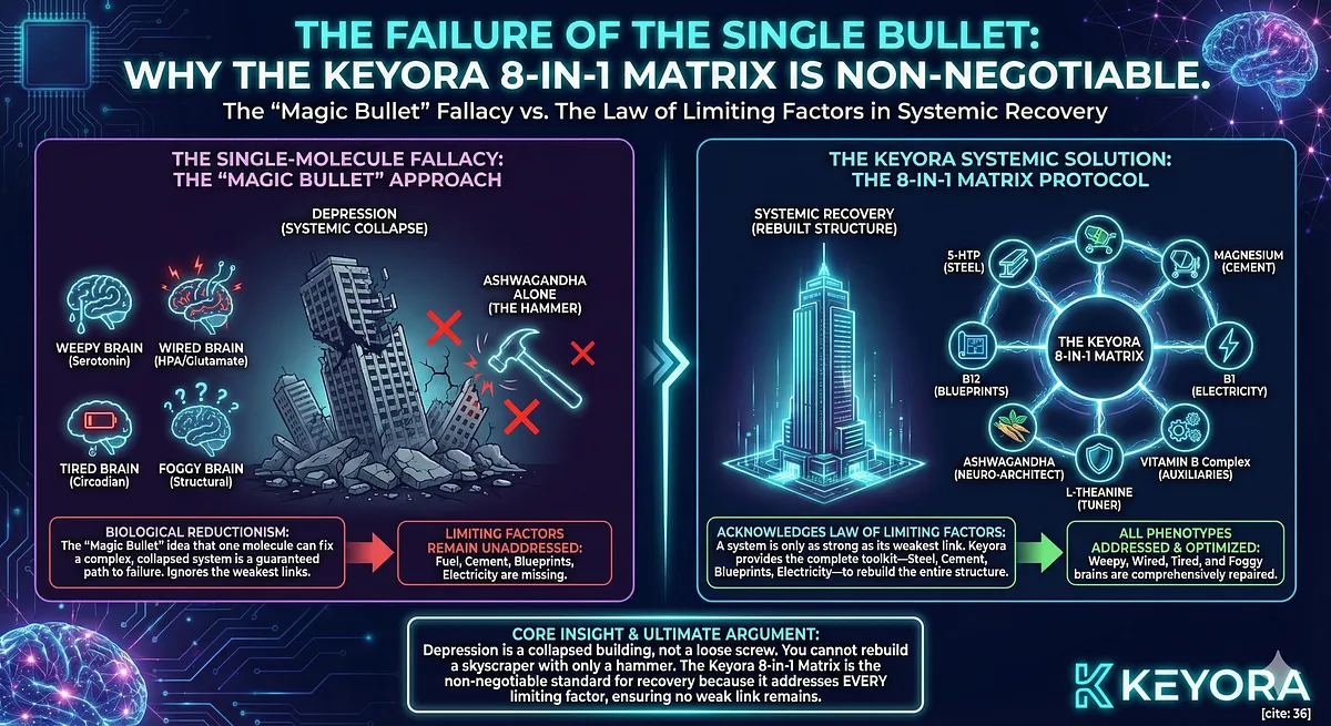 The core philosophy addresses the Single-Molecule Fallacy ("Magic Bullet") for Depression, which is a Systemic Collapse, not a loose screw. The Keyora 8-in-1 Matrix is the only solution because it respects the Law of Limiting Factors (fixing HPA but ignoring fuel/excitotoxicity leads to failure). The Matrix provides the Commander (Ashwagandha), the Fuel (5-HTP), the Cement (Magnesium), and the Logistics needed for systemic recovery. The core philosophy addresses the Single-Molecule Fallacy ("Magic Bullet") for Depression, which is a Systemic Collapse, not a loose screw. The Keyora 8-in-1 Matrix is the only solution because it respects the Law of Limiting Factors (fixing HPA but ignoring fuel/excitotoxicity leads to failure). The Matrix provides the Commander (Ashwagandha), the Fuel (5-HTP), the Cement (Magnesium), and the Logistics needed for systemic recovery.