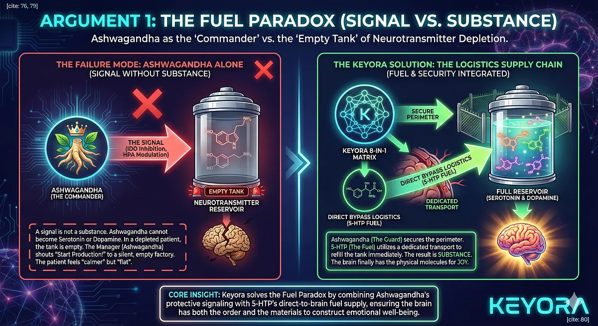 Argument 1 addresses the Fuel Paradox (Signal vs. Substance). Ashwagandha (Commander) provides the signal (IDO Inhibition/HPA Modulation), creating the "Permissive Environment," but cannot provide the substance (Serotonin/Dopamine). The Keyora Matrix solves this with 5-HTP (The Fuel), which uses Direct Bypass Logistics to cross the BBB and immediately refill the depleted reservoir. This synergy ensures the fuel is not stolen by IDO, providing the Substance needed for joy. Argument 1 addresses the Fuel Paradox (Signal vs. Substance). Ashwagandha (Commander) provides the signal (IDO Inhibition/HPA Modulation), creating the "Permissive Environment," but cannot provide the substance (Serotonin/Dopamine). The Keyora Matrix solves this with 5-HTP (The Fuel), which uses Direct Bypass Logistics to cross the BBB and immediately refill the depleted reservoir. This synergy ensures the fuel is not stolen by IDO, providing the Substance needed for joy.