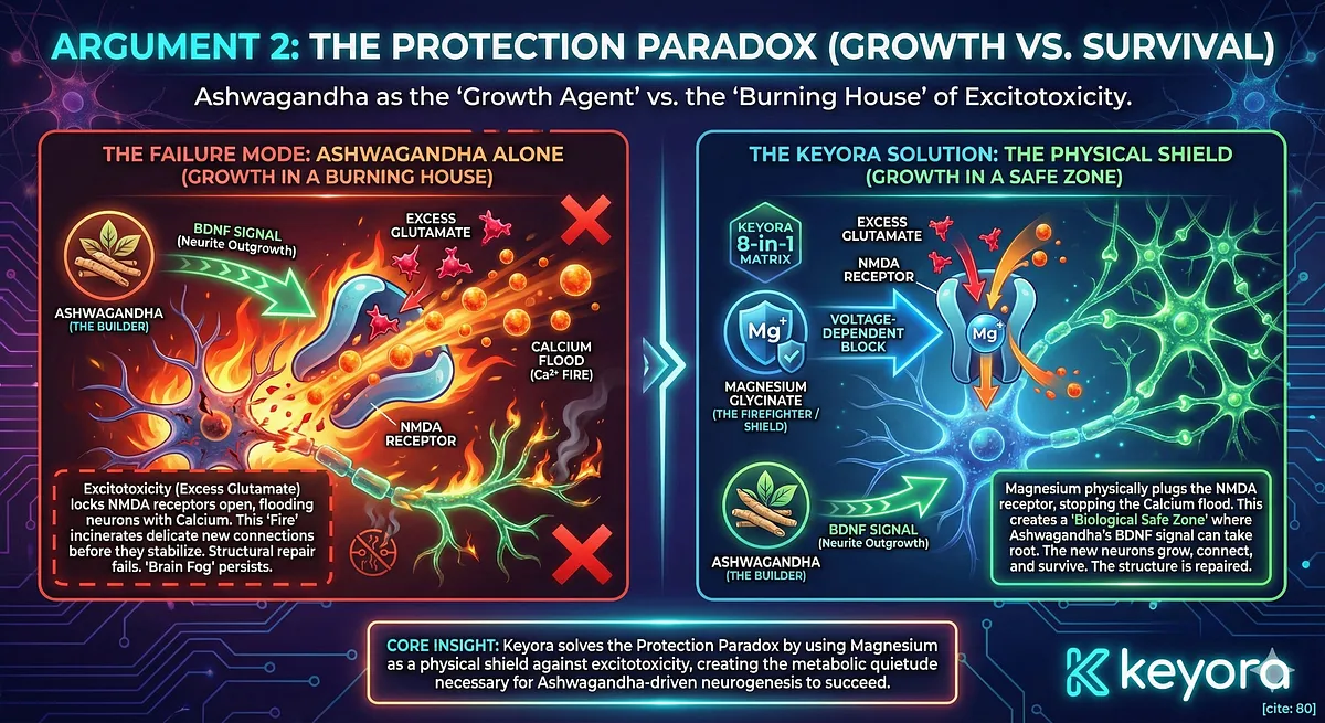 Argument 2 addresses the Protection Paradox (Growth vs. Survival). Ashwagandha (Growth Agent) signals BDNF/Neurite Outgrowth. However, Excitotoxicity (Glutamate/Calcium flood) incinerates new growth ("Burning House"). The Keyora Matrix solves this with Magnesium Glycinate (Physical Shield/Firefighter). Magnesium provides the Voltage-Dependent NMDA Block, stopping the Calcium flood and creating a Biological Safe Zone for structural repair and survival. Argument 2 addresses the Protection Paradox (Growth vs. Survival). Ashwagandha (Growth Agent) signals BDNF/Neurite Outgrowth. However, Excitotoxicity (Glutamate/Calcium flood) incinerates new growth ("Burning House"). The Keyora Matrix solves this with Magnesium Glycinate (Physical Shield/Firefighter). Magnesium provides the Voltage-Dependent NMDA Block, stopping the Calcium flood and creating a Biological Safe Zone for structural repair and survival.