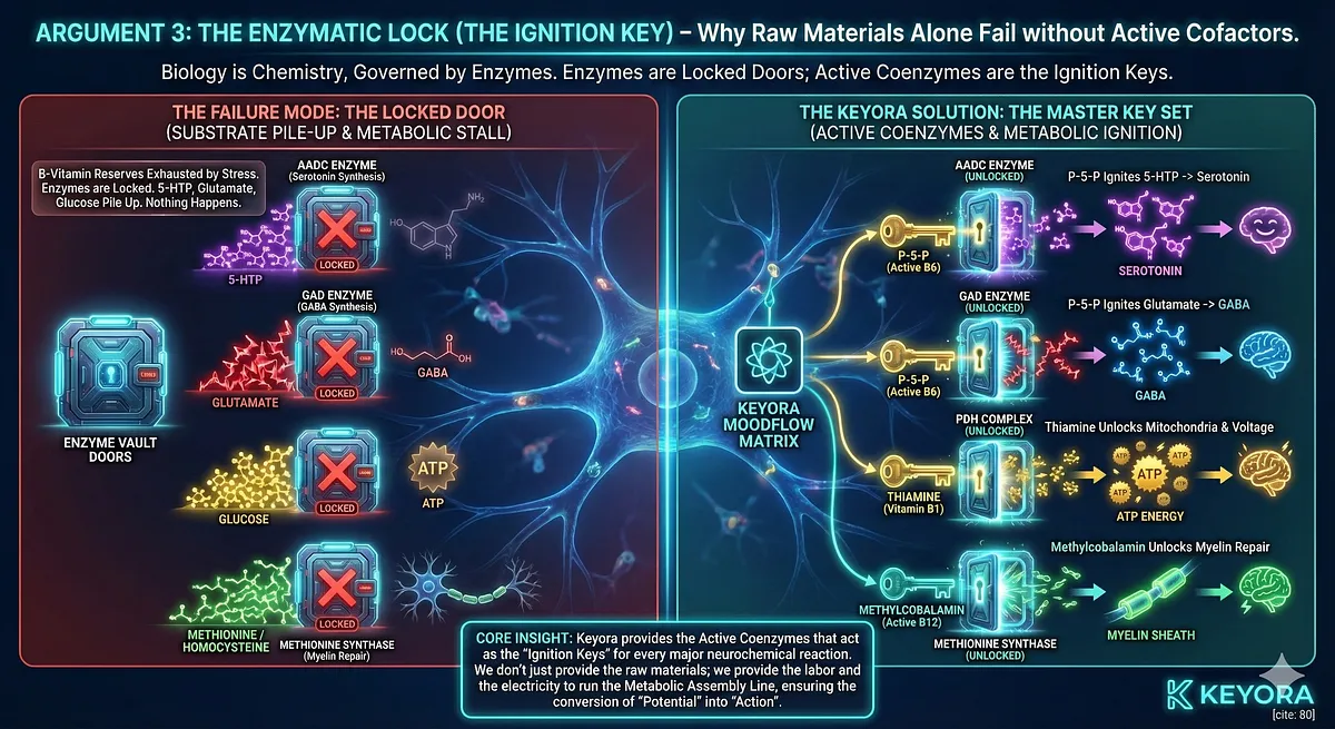Argument 3 addresses the Enzymatic Lock (Cofactors). Enzymes like AADC (Serotonin), GAD (GABA), and PDH (ATP) are "Locked Doors" without B-Vitamin cofactors. The Keyora Matrix provides the Master Key Set: P-5-P (Active B6) unlocks AADC/GAD; Thiamine (B1) unlocks ATP production; Methylcobalamin (B12) unlocks Myelin repair. This ensures the Metabolic Assembly Line moves and prevents 5-HTP and Glutamate buildup. Argument 3 addresses the Enzymatic Lock (Cofactors). Enzymes like AADC (Serotonin), GAD (GABA), and PDH (ATP) are "Locked Doors" without B-Vitamin cofactors. The Keyora Matrix provides the Master Key Set: P-5-P (Active B6) unlocks AADC/GAD; Thiamine (B1) unlocks ATP production; Methylcobalamin (B12) unlocks Myelin repair. This ensures the Metabolic Assembly Line moves and prevents 5-HTP and Glutamate buildup.