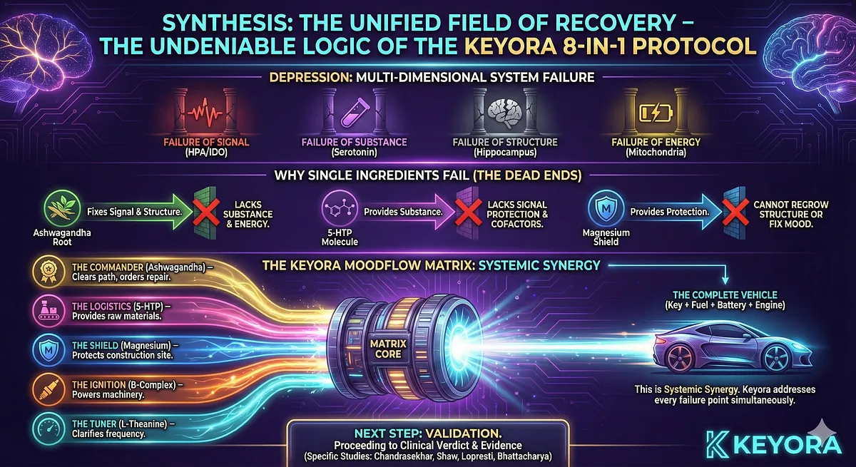 The Keyora 8-in-1 Protocol addresses Depression as a multi-dimensional failure of Signal, Substance, Structure, and Energy. Single ingredients fail because they address only one point. Keyora succeeds through Systemic Synergy: Ashwagandha (Commander) clears the path, 5-HTP (Logistics) provides raw materials, Magnesium (Shield) protects, and B-Complex (Ignition) powers the machinery. This is the "complete vehicle" logic. Next Step: Clinical Verdict & Evidence will validate this multi-vector approach. The Keyora 8-in-1 Protocol addresses Depression as a multi-dimensional failure of Signal, Substance, Structure, and Energy. Single ingredients fail because they address only one point. Keyora succeeds through Systemic Synergy: Ashwagandha (Commander) clears the path, 5-HTP (Logistics) provides raw materials, Magnesium (Shield) protects, and B-Complex (Ignition) powers the machinery. This is the "complete vehicle" logic. Next Step: Clinical Verdict & Evidence will validate this multi-vector approach.