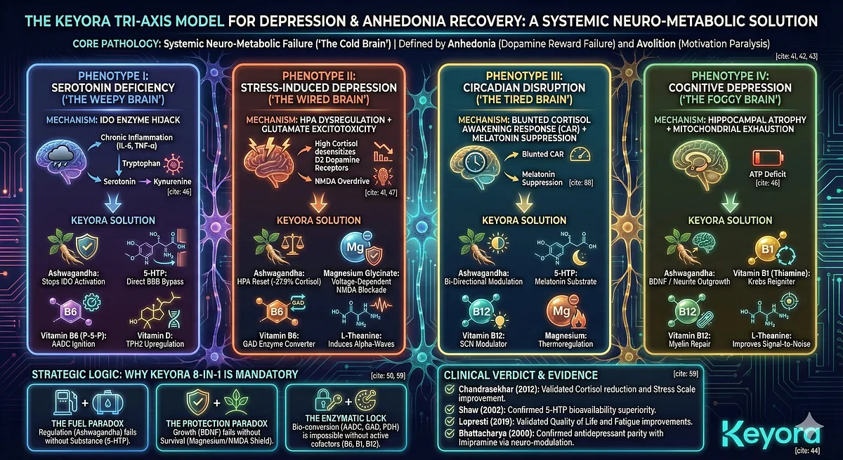 The Keyora Tri-Axis Model addresses Depression as Systemic Neuro-Metabolic Failure ("Cold Brain"), defined by Anhedonia/Avolition. It tackles 4 Phenotypes: Weepy Brain (IDO Hijack), Wired Brain (HPA/Glutamate), Tired Brain (Blunted CAR), and Foggy Brain (BDNF/ATP). The 8-in-1 Matrix is mandatory due to the Fuel Paradox, Protection Paradox, and Enzymatic Lock (AADC/GAD/PDH), validated by studies from Chandrasekhar, Shaw, Lopresti, and Bhattacharya. The Keyora Tri-Axis Model addresses Depression as Systemic Neuro-Metabolic Failure ("Cold Brain"), defined by Anhedonia/Avolition. It tackles 4 Phenotypes: Weepy Brain (IDO Hijack), Wired Brain (HPA/Glutamate), Tired Brain (Blunted CAR), and Foggy Brain (BDNF/ATP). The 8-in-1 Matrix is mandatory due to the Fuel Paradox, Protection Paradox, and Enzymatic Lock (AADC/GAD/PDH), validated by studies from Chandrasekhar, Shaw, Lopresti, and Bhattacharya.