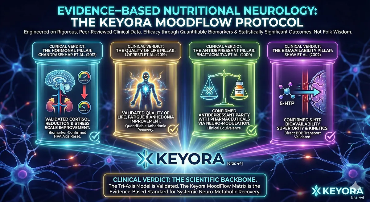 The Keyora MoodFlow Protocol is built on Evidence-Based Nutritional Neurology and Quantifiable Biomarkers. The Tri-Axis Model (HPA, Neurotransmitter, Circadian) is validated by key Randomized Controlled Trials (RCTs). We examine four pillars of evidence: Hormonal (Chandrasekhar - Cortisol), Quality of Life (Lopresti - Fatigue/Anhedonia), Antidepressant (Bhattacharya - Parity), and Bioavailability (Shaw - 5-HTP Kinetics). The Keyora MoodFlow Protocol is built on Evidence-Based Nutritional Neurology and Quantifiable Biomarkers. The Tri-Axis Model (HPA, Neurotransmitter, Circadian) is validated by key Randomized Controlled Trials (RCTs). We examine four pillars of evidence: Hormonal (Chandrasekhar - Cortisol), Quality of Life (Lopresti - Fatigue/Anhedonia), Antidepressant (Bhattacharya - Parity), and Bioavailability (Shaw - 5-HTP Kinetics).