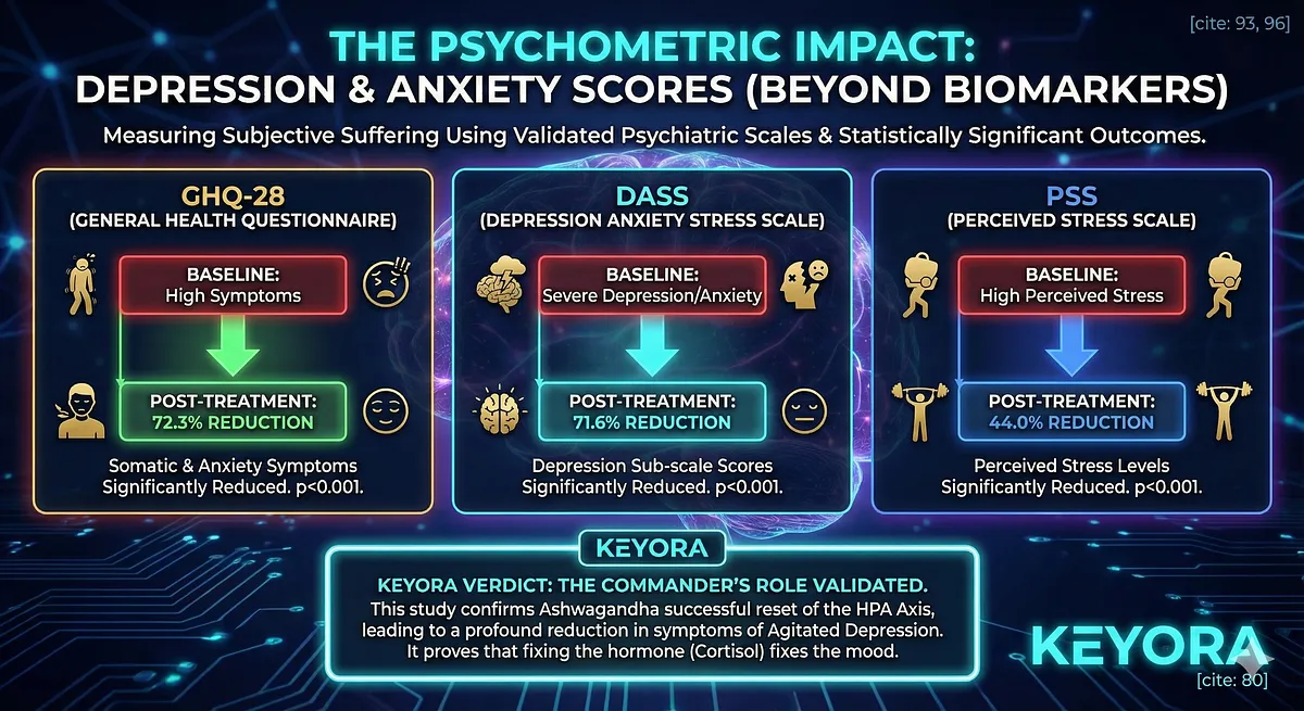 The Chandrasekhar Study confirmed Ashwagandha's psychological impact: 72.3% reduction in somatic/anxiety symptoms (GHQ-28), 71.6% reduction in the Depression sub-scale (DASS), and 44.0% reduction in PSS (Perceived Stress Scale). This validates the Commander's Role (Ashwagandha) in resetting the HPA Axis and achieving a profound reduction in Agitated Depression symptoms. The Chandrasekhar Study confirmed Ashwagandha's psychological impact: 72.3% reduction in somatic/anxiety symptoms (GHQ-28), 71.6% reduction in the Depression sub-scale (DASS), and 44.0% reduction in PSS (Perceived Stress Scale). This validates the Commander's Role (Ashwagandha) in resetting the HPA Axis and achieving a profound reduction in Agitated Depression symptoms.