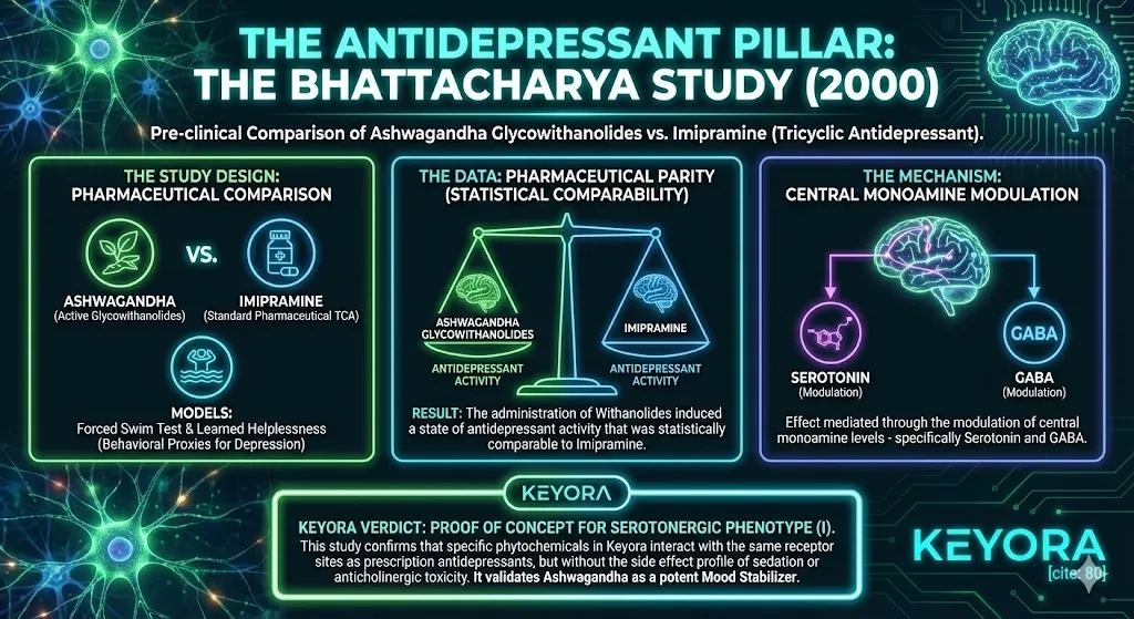 The Bhattacharya Study (2000) validated the Antidepressant Pillar by comparing Ashwagandha glycowithanolides against Imipramine (TCA) in Forced Swim Test/Learned Helplessness models. The result showed Pharmaceutical Parity in antidepressant activity, mediated by modulating central Serotonin and GABA levels. This validates Ashwagandha as a potent Mood Stabilizer for the Serotonergic Phenotype (Phenotype I). The Bhattacharya Study (2000) validated the Antidepressant Pillar by comparing Ashwagandha glycowithanolides against Imipramine (TCA) in Forced Swim Test/Learned Helplessness models. The result showed Pharmaceutical Parity in antidepressant activity, mediated by modulating central Serotonin and GABA levels. This validates Ashwagandha as a potent Mood Stabilizer for the Serotonergic Phenotype (Phenotype I).