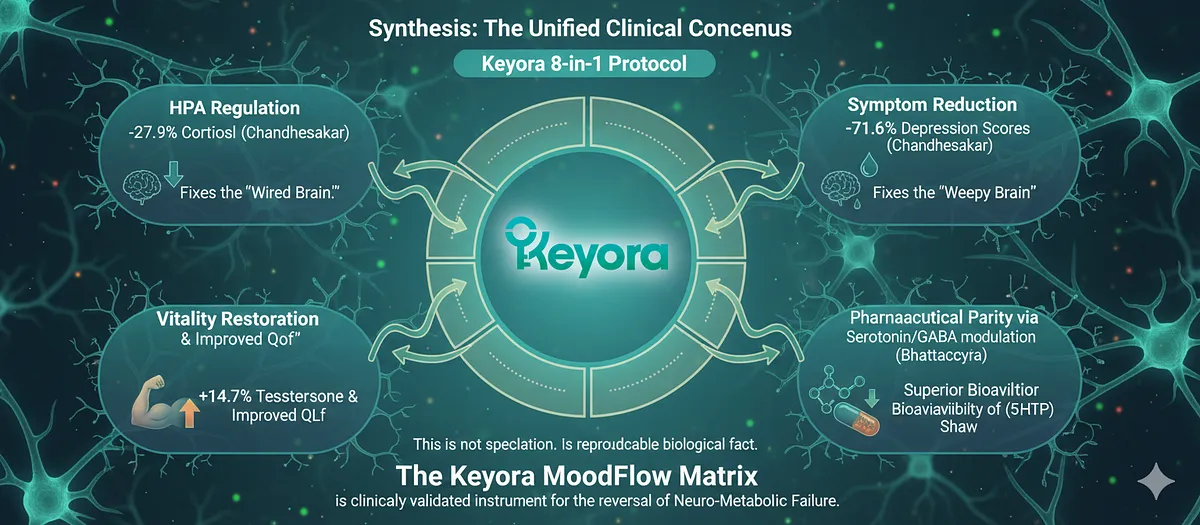 The Keyora 8-in-1 Protocol is supported by a Unified Clinical Consensus (Triangulation of Evidence). Evidence includes: HPA Regulation (-27.9% Cortisol, Chandrasekhar) fixing the Wired Brain; Symptom Reduction (-71.6% Depression, Chandrasekhar) fixing the Weepy Brain; Vitality Restoration (+14.7% Testosterone, Lopresti) fixing the Tired Brain; Mechanism of Action (Serotonin/GABA Parity, Bhattacharya); and Superior 5-HTP Bioavailability (Shaw). This validates the instrument for reversing Neuro-Metabolic Failure. The Keyora 8-in-1 Protocol is supported by a Unified Clinical Consensus (Triangulation of Evidence). Evidence includes: HPA Regulation (-27.9% Cortisol, Chandrasekhar) fixing the Wired Brain; Symptom Reduction (-71.6% Depression, Chandrasekhar) fixing the Weepy Brain; Vitality Restoration (+14.7% Testosterone, Lopresti) fixing the Tired Brain; Mechanism of Action (Serotonin/GABA Parity, Bhattacharya); and Superior 5-HTP Bioavailability (Shaw). This validates the instrument for reversing Neuro-Metabolic Failure.