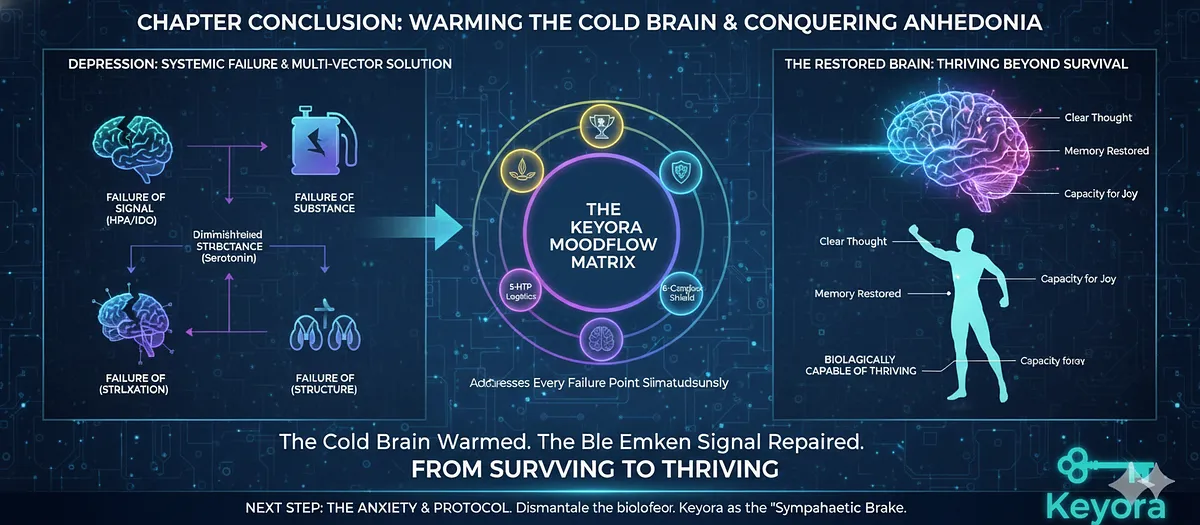 The chapter concludes the blueprint for treating Depression/Anhedonia as a Systemic Failure requiring a Systemic Solution. Ashwagandha (IDO Inhibition, HPA Reset, BDNF) and the Keyora Matrix (Fuel/5-HTP, Shield/Magnesium, Ignition/B6) have repaired the "Cold Brain." The next phase, The Anxiety & Panic Protocol, will detail how Keyora acts as the "Sympathetic Brake" to conquer the paralyzing grip of Fear. The chapter concludes the blueprint for treating Depression/Anhedonia as a Systemic Failure requiring a Systemic Solution. Ashwagandha (IDO Inhibition, HPA Reset, BDNF) and the Keyora Matrix (Fuel/5-HTP, Shield/Magnesium, Ignition/B6) have repaired the "Cold Brain." The next phase, The Anxiety & Panic Protocol, will detail how Keyora acts as the "Sympathetic Brake" to conquer the paralyzing grip of Fear.