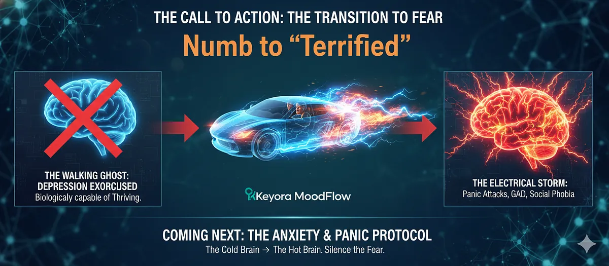 The Cold Brain foundation (Joy, Motivation, Vitality) is restored, but the shift often reveals the Hot Terror of Anxiety ("Numb" to "Terrified"). To complete the Matrix, the next step is The Anxiety & Panic Protocol. This will explore the electrical storm of the Hot Brain, dismantling the biology of Panic Attacks/GAD/Social Phobia, and detailing how Keyora MoodFlow acts as the ultimate "Sympathetic Brake" to silence the alarm of Fear. The Cold Brain foundation (Joy, Motivation, Vitality) is restored, but the shift often reveals the Hot Terror of Anxiety ("Numb" to "Terrified"). To complete the Matrix, the next step is The Anxiety & Panic Protocol. This will explore the electrical storm of the Hot Brain, dismantling the biology of Panic Attacks/GAD/Social Phobia, and detailing how Keyora MoodFlow acts as the ultimate "Sympathetic Brake" to silence the alarm of Fear.
