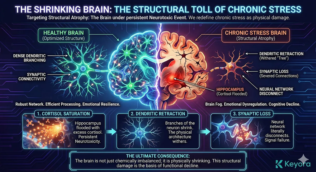SIND leads to physical brain damage, redefining chronic stress as a Neurotoxic Event causing structural atrophy. Unchecked hyper-cortisolism in the Hippocampus triggers Dendritic Retraction and Synaptic Loss via Glucocorticoid Receptors (GR) and excitotoxicity. This morphological collapse is the structural basis of "Brain Fog" and memory deficits, suppressing Neuroplasticity. The goal is to move from protection to physically rebuild the mind. SIND leads to physical brain damage, redefining chronic stress as a Neurotoxic Event causing structural atrophy. Unchecked hyper-cortisolism in the Hippocampus triggers Dendritic Retraction and Synaptic Loss via Glucocorticoid Receptors (GR) and excitotoxicity. This morphological collapse is the structural basis of "Brain Fog" and memory deficits, suppressing Neuroplasticity. The goal is to move from protection to physically rebuild the mind.