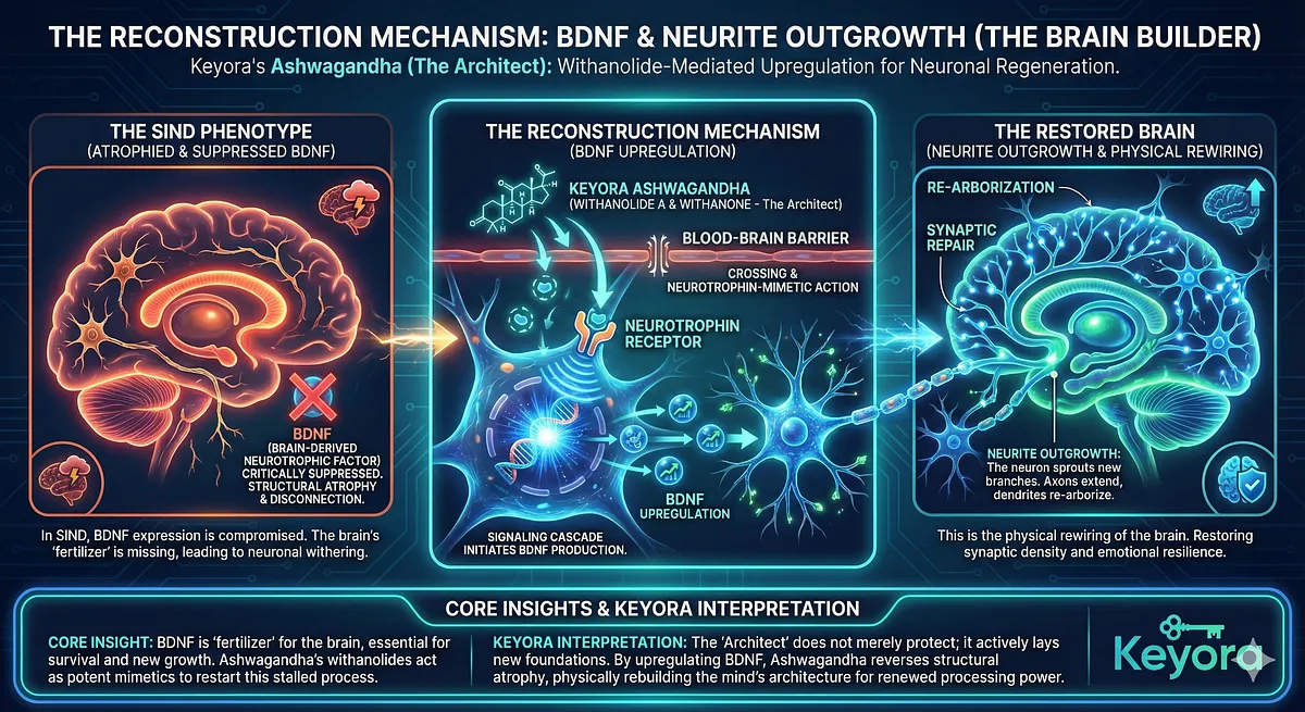 To reverse hippocampal structural atrophy, the protocol targets BDNF Upregulation. Ashwagandha (The Architect) utilizes Withanolides (A/Withanone) as Neurotrophin-mimetics. These compounds cross the BBB to signal BDNF production, initiating Neurite Outgrowth and dendritic re-arborization, which restores synaptic density and reverses neurotoxicity caused by SIND (Stress-Induced Neurofunctional Disruption). To reverse hippocampal structural atrophy, the protocol targets BDNF Upregulation. Ashwagandha (The Architect) utilizes Withanolides (A/Withanone) as Neurotrophin-mimetics. These compounds cross the BBB to signal BDNF production, initiating Neurite Outgrowth and dendritic re-arborization, which restores synaptic density and reverses neurotoxicity caused by SIND (Stress-Induced Neurofunctional Disruption).