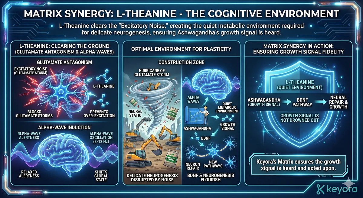 L-Theanine creates the optimal Cognitive Environment for Neuroplasticity. It functions through Glutamate Antagonism, preventing "neural static," and inducing Alpha-Wave oscillation (8-12 Hz) for "Relaxed Alertness." This clears the Excitatory Noise of anxiety, ensuring the delicate process of Neurogenesis signaled by Ashwagandha is not disrupted by a glutamate storm. L-Theanine creates the optimal Cognitive Environment for Neuroplasticity. It functions through Glutamate Antagonism, preventing "neural static," and inducing Alpha-Wave oscillation (8-12 Hz) for "Relaxed Alertness." This clears the Excitatory Noise of anxiety, ensuring the delicate process of Neurogenesis signaled by Ashwagandha is not disrupted by a glutamate storm.