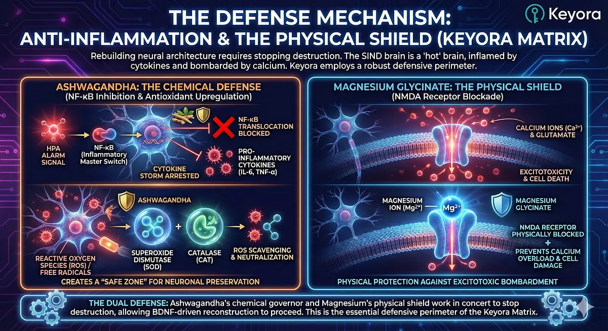 The SIND brain is a "hot" brain. Ashwagandha provides Chemical Defense by inhibiting the NF-κB pathway, arresting the inflammatory cascade and cytokine release (IL-6, TNF-α). Simultaneously, it upregulates endogenous antioxidant enzymes (SOD, CAT) to counter Reactive Oxygen Species (ROS) and oxidative stress. This dual-action defense creates a "safe zone," preserving structural gains made by BDNF against neurotoxicity. The SIND brain is a "hot" brain. Ashwagandha provides Chemical Defense by inhibiting the NF-κB pathway, arresting the inflammatory cascade and cytokine release (IL-6, TNF-α). Simultaneously, it upregulates endogenous antioxidant enzymes (SOD, CAT) to counter Reactive Oxygen Species (ROS) and oxidative stress. This dual-action defense creates a "safe zone," preserving structural gains made by BDNF against neurotoxicity.