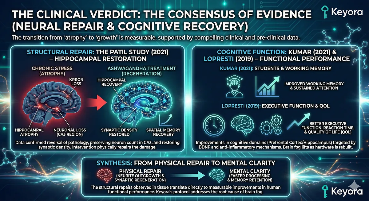 Clinical evidence validates structural repair. Patil (2021) pre-clinical data showed Ashwagandha reverses hippocampal atrophy, restoring synaptic density and preserving CA3 neuron count in stress models. This structural repair translates to human function (Brain Fog lifts): Kumar (2021) found improved working memory, while Lopresti (2019) showed significant gains in Executive Function, Reaction Time, and QoL, confirming the rebuilding of neural hardware via BDNF and Anti-Inflammatory mechanisms. Clinical evidence validates structural repair. Patil (2021) pre-clinical data showed Ashwagandha reverses hippocampal atrophy, restoring synaptic density and preserving CA3 neuron count in stress models. This structural repair translates to human function (Brain Fog lifts): Kumar (2021) found improved working memory, while Lopresti (2019) showed significant gains in Executive Function, Reaction Time, and QoL, confirming the rebuilding of neural hardware via BDNF and Anti-Inflammatory mechanisms.