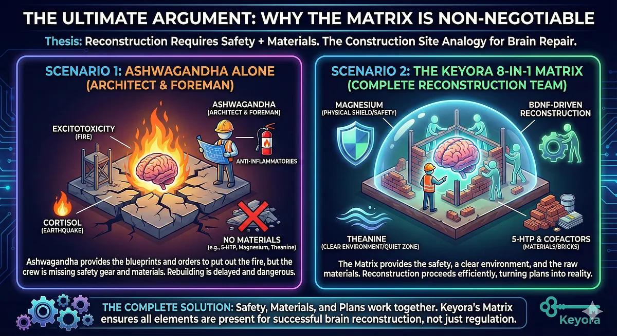 The 8-in-1 Matrix is Non-Negotiable due to the "Construction Site Analogy." Ashwagandha (Architect/Foreman) signals BDNF growth and provides Anti-Inflammatories. Magnesium (the Valve/Shield) is essential, as it physically plugs the NMDA Receptor to stop the Excitotoxicity fire (Calcium influx). Without Magnesium, Ashwagandha attempts to rebuild the foundation while it is still burning The 8-in-1 Matrix is Non-Negotiable due to the "Construction Site Analogy." Ashwagandha (Architect/Foreman) signals BDNF growth and provides Anti-Inflammatories. Magnesium (the Valve/Shield) is essential, as it physically plugs the NMDA Receptor to stop the Excitotoxicity fire (Calcium influx). Without Magnesium, Ashwagandha attempts to rebuild the foundation while it is still burning