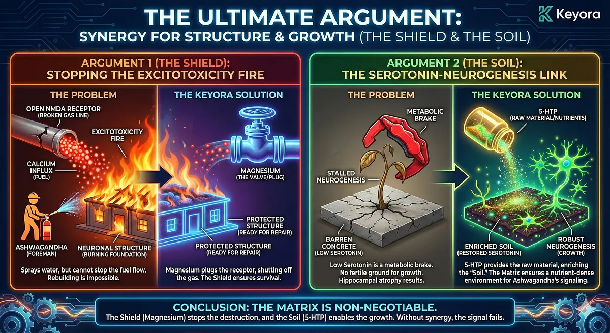 Neurogenesis requires fertile "Soil." Since low Serotonin levels metabolically brake cell growth (linked to hippocampal atrophy), 5-HTP is critical. Ashwagandha signals growth, but 5-HTP provides the raw material to enrich the "Soil," ensuring the necessary fertile environment for BDNF growth. The Matrix ensures that the signaling is effective by addressing the Serotonin-Neurogenesis Link. Neurogenesis requires fertile "Soil." Since low Serotonin levels metabolically brake cell growth (linked to hippocampal atrophy), 5-HTP is critical. Ashwagandha signals growth, but 5-HTP provides the raw material to enrich the "Soil," ensuring the necessary fertile environment for BDNF growth. The Matrix ensures that the signaling is effective by addressing the Serotonin-Neurogenesis Link.