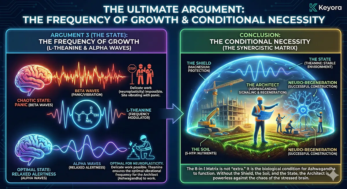L-Theanine acts as the Frequency Modulator to ensure construction stability. It induces Alpha Waves (8-12 Hz), creating the "Relaxed Alertness" state optimal for Neuroplasticity. The 8-in-1 Matrix provides the Conditional Necessity: Magnesium (Shield), 5-HTP (Soil), and L-Theanine (State). Without these, Ashwagandha (Architect) is powerless against the chaos of the stressed brain and cannot function as a neuro-regenerative agent. L-Theanine acts as the Frequency Modulator to ensure construction stability. It induces Alpha Waves (8-12 Hz), creating the "Relaxed Alertness" state optimal for Neuroplasticity. The 8-in-1 Matrix provides the Conditional Necessity: Magnesium (Shield), 5-HTP (Soil), and L-Theanine (State). Without these, Ashwagandha (Architect) is powerless against the chaos of the stressed brain and cannot function as a neuro-regenerative agent.