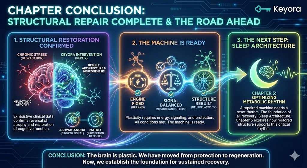 The Keyora protocol completed three phases: HPA Axis repair ("Engine"), Neurotransmitter balance ("Signal"), and Neuroplasticity architecture restoration ("Structure"). This involved Ashwagandha's Neurotrophin-Mimetic activity and the Anti-Inflammatory/Excitotoxicity defenses of the Matrix. The machine is ready, but the final critical step is resetting the operating rhythm: Sleep Architecture, which is the subject of Chapter 5. The Keyora protocol completed three phases: HPA Axis repair ("Engine"), Neurotransmitter balance ("Signal"), and Neuroplasticity architecture restoration ("Structure"). This involved Ashwagandha's Neurotrophin-Mimetic activity and the Anti-Inflammatory/Excitotoxicity defenses of the Matrix. The machine is ready, but the final critical step is resetting the operating rhythm: Sleep Architecture, which is the subject of Chapter 5.
