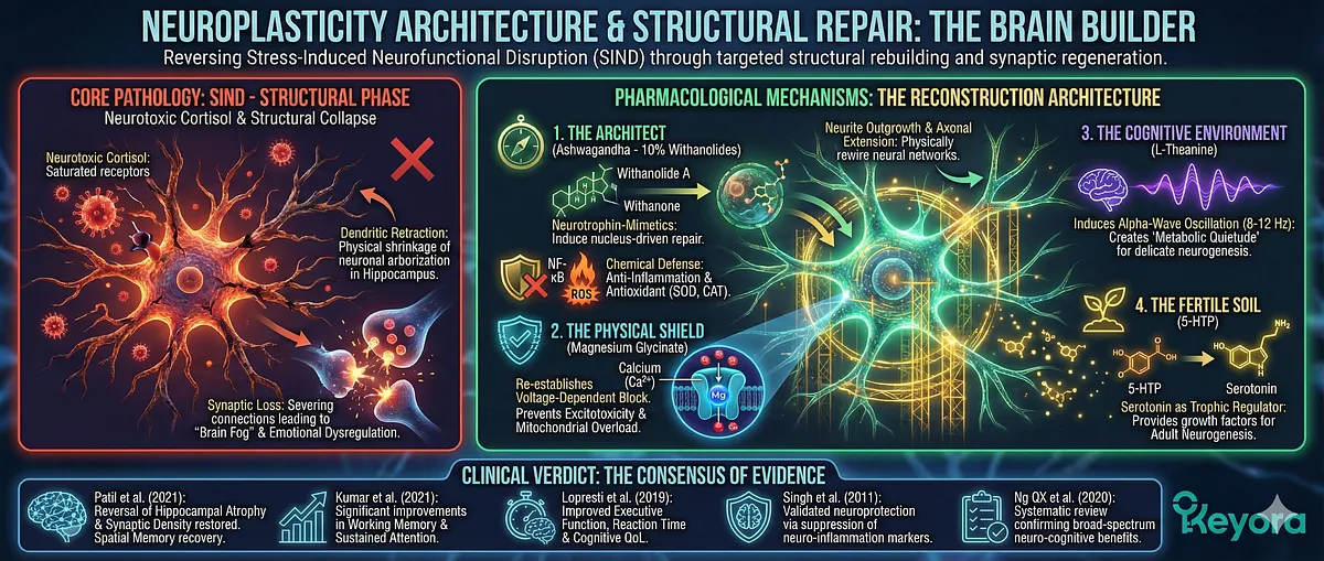 The protocol addresses SIND Structural Phase (Neurotoxic Event) causing Dendritic Retraction and Synaptic Loss. Ashwagandha (Neurotrophin-Mimetic) signals Neurite Outgrowth and inhibits NF-κB/upregulates SOD/CAT. Magnesium blocks the NMDA Receptor (Excitotoxicity). L-Theanine induces Alpha-Waves for neurogenesis, while 5-HTP restores Serotonin (Trophic Regulator). Clinical data (Patil, Kumar, Lopresti) confirms Hippocampal Atrophy reversal and cognitive gain. The protocol addresses SIND Structural Phase (Neurotoxic Event) causing Dendritic Retraction and Synaptic Loss. Ashwagandha (Neurotrophin-Mimetic) signals Neurite Outgrowth and inhibits NF-κB/upregulates SOD/CAT. Magnesium blocks the NMDA Receptor (Excitotoxicity). L-Theanine induces Alpha-Waves for neurogenesis, while 5-HTP restores Serotonin (Trophic Regulator). Clinical data (Patil, Kumar, Lopresti) confirms Hippocampal Atrophy reversal and cognitive gain.