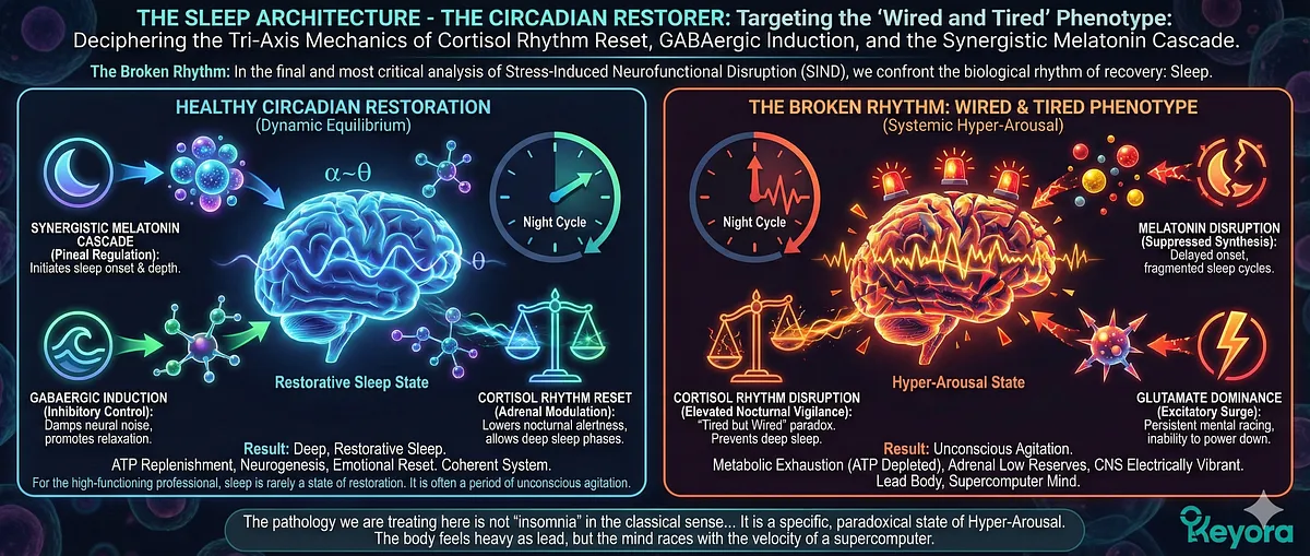 The final critical analysis of SIND addresses Sleep Architecture and the Wired and Tired phenotype. This state is defined by metabolic exhaustion coexisting with Hyper-Arousal (Glutamate Dominance/Beta-Wave persistence). The Keyora protocol targets the underlying Tri-Axis Mechanics: Cortisol Rhythm Reset, GABAergic Induction, and the Synergistic Melatonin Cascade to shift the body from agitation to true restoration. The final critical analysis of SIND addresses Sleep Architecture and the Wired and Tired phenotype. This state is defined by metabolic exhaustion coexisting with Hyper-Arousal (Glutamate Dominance/Beta-Wave persistence). The Keyora protocol targets the underlying Tri-Axis Mechanics: Cortisol Rhythm Reset, GABAergic Induction, and the Synergistic Melatonin Cascade to shift the body from agitation to true restoration.