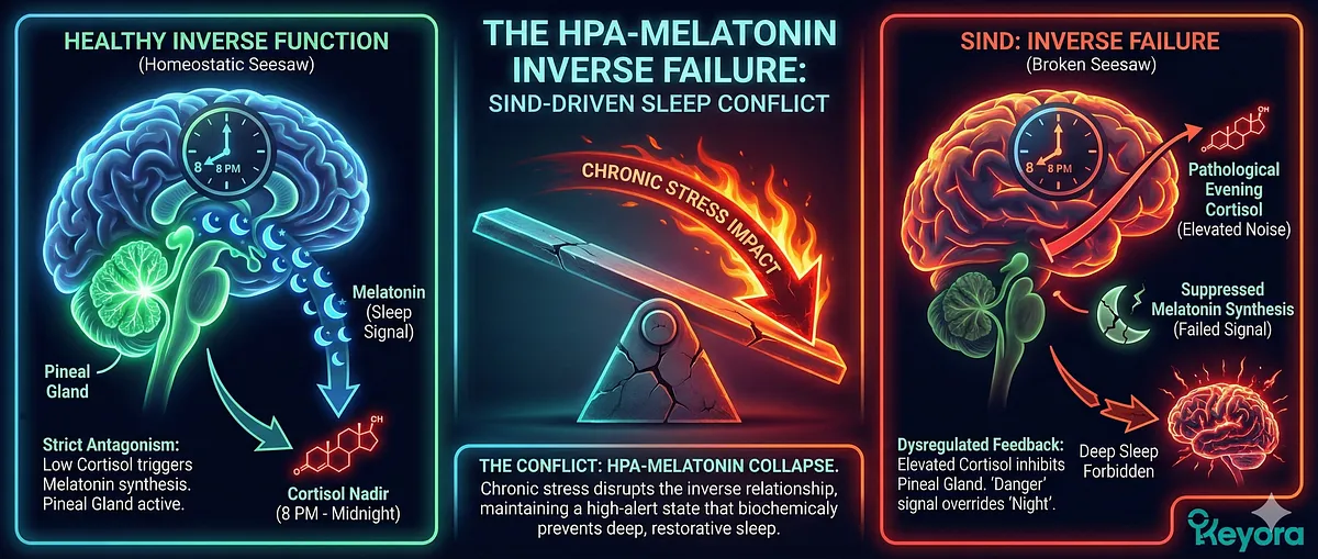 The HPA-Melatonin Inverse Relationship is the core failure in SIND. Normally, Cortisol (Awake signal) drops to its nadir at midnight, non-negotiably triggering Melatonin (Sleep signal). Chronic stress causes pathologically elevated evening cortisol, which physically suppresses the Pineal Gland's enzymatic synthesis, preventing deep sleep onset by signaling "Danger" rather than "Night." The HPA-Melatonin Inverse Relationship is the core failure in SIND. Normally, Cortisol (Awake signal) drops to its nadir at midnight, non-negotiably triggering Melatonin (Sleep signal). Chronic stress causes pathologically elevated evening cortisol, which physically suppresses the Pineal Gland's enzymatic synthesis, preventing deep sleep onset by signaling "Danger" rather than "Night."