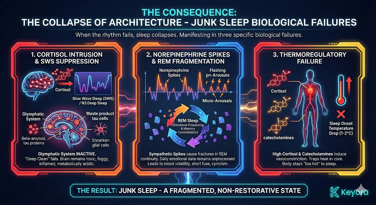 The collapse of the circadian rhythm leads to "Junk Sleep" via three failures. 1) High cortisol causes SWS Suppression, preventing Glymphatic System "Deep Clean" (toxic brain/fog). 2) Norepinephrine Spikes cause micro-arousals and REM Fragmentation, leading to unprocessed emotions and mood volatility. 3) Thermoregulatory Failure (body stays too hot) prevents the necessary core temperature drop for sleep onset. The collapse of the circadian rhythm leads to "Junk Sleep" via three failures. 1) High cortisol causes SWS Suppression, preventing Glymphatic System "Deep Clean" (toxic brain/fog). 2) Norepinephrine Spikes cause micro-arousals and REM Fragmentation, leading to unprocessed emotions and mood volatility. 3) Thermoregulatory Failure (body stays too hot) prevents the necessary core temperature drop for sleep onset.