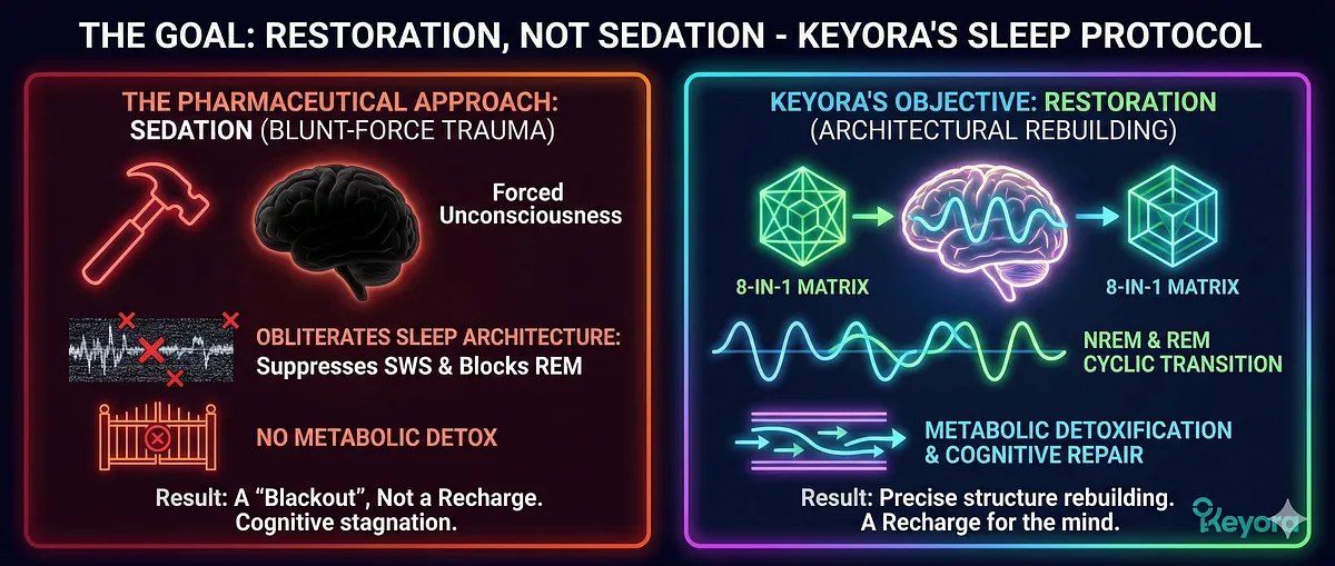 The Keyora protocol goal is Restoration, not Sedation (which obliterates SWS and REM sleep architecture). Sedation is blunt-force trauma (alcohol, Z-drugs) that creates a "blackout," not a recharge. The 8-in-1 Matrix is used to rebuild the precise structure of the night (NREM/REM cyclic transition) to ensure metabolic detoxification and comprehensive cognitive repair. CAPTION The Keyora protocol goal is Restoration, not Sedation (which obliterates SWS and REM sleep architecture). Sedation is blunt-force trauma (alcohol, Z-drugs) that creates a "blackout," not a recharge. The 8-in-1 Matrix is used to rebuild the precise structure of the night (NREM/REM cyclic transition) to ensure metabolic detoxification and comprehensive cognitive repair. CAPTION