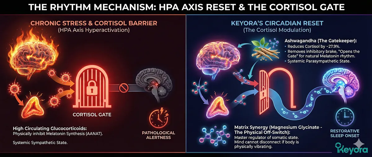 To restore sleep, Ashwagandha (The Gatekeeper) performs Circadian Cortisol Reset (27.9% reduction). The Gate Theory states that high glucocorticoids inhibit Melatonin synthesis in the Pineal Gland (via AANAT/MT receptors). By forcibly lowering evening cortisol, Ashwagandha "Opens the Gate," removing the inhibitory brake and transitioning the system from a Sympathetic State to a Parasympathetic State for natural sleep onset. To restore sleep, Ashwagandha (The Gatekeeper) performs Circadian Cortisol Reset (27.9% reduction). The Gate Theory states that high glucocorticoids inhibit Melatonin synthesis in the Pineal Gland (via AANAT/MT receptors). By forcibly lowering evening cortisol, Ashwagandha "Opens the Gate," removing the inhibitory brake and transitioning the system from a Sympathetic State to a Parasympathetic State for natural sleep onset.
