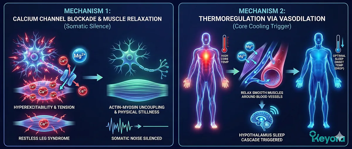 Magnesium Glycinate is the "Physical Off-Switch" for sleep, managing the somatic state. It acts as a Calcium Channel Blocker, forcing muscle relaxation and silencing somatic noise (Restless Leg Syndrome). Critically, it induces Peripheral Vasodilation, acting as a radiator to dump core heat (1-2°C drop). This Thermoregulatory function signals the hypothalamus to initiate the sleep cascade, working synergistically with Ashwagandha's hormonal reset. Magnesium Glycinate is the "Physical Off-Switch" for sleep, managing the somatic state. It acts as a Calcium Channel Blocker, forcing muscle relaxation and silencing somatic noise (Restless Leg Syndrome). Critically, it induces Peripheral Vasodilation, acting as a radiator to dump core heat (1-2°C drop). This Thermoregulatory function signals the hypothalamus to initiate the sleep cascade, working synergistically with Ashwagandha's hormonal reset.