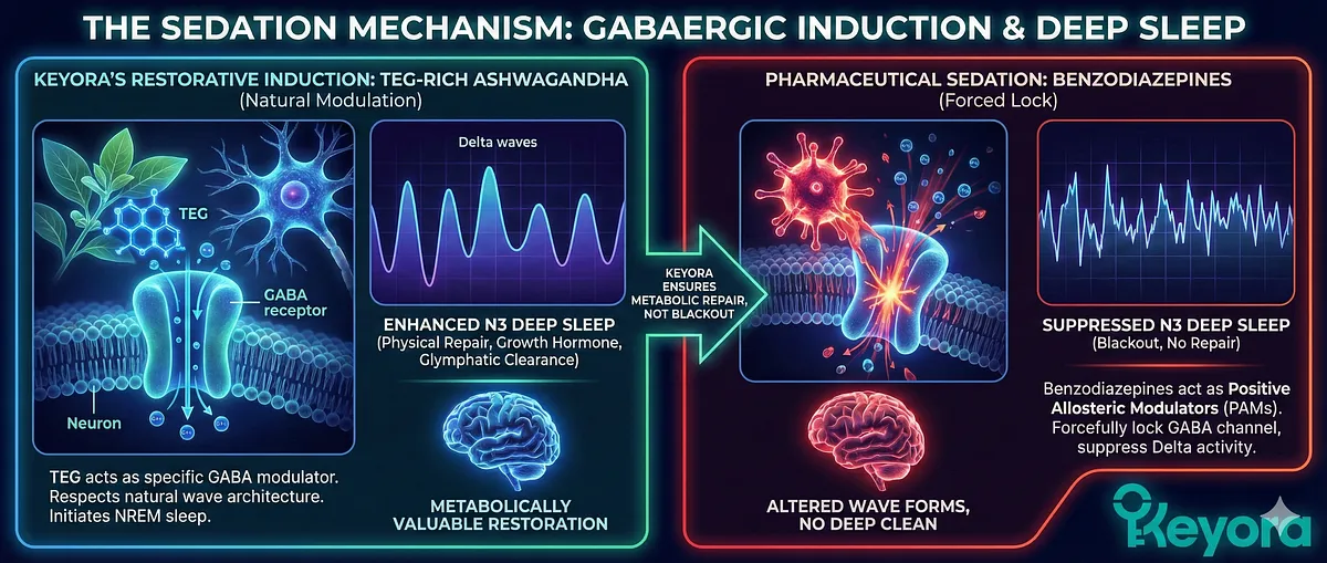 To induce sleep, Ashwagandha acts via Triethylene Glycol (TEG), found in the leaves. TEG is a specific GABA receptor modulator that enhances the inhibitory signal without suppressing Delta waves. This unique mechanism initiates NREM sleep and increases the duration of N3 Deep Sleep, the critical restorative phase for physical repair, growth hormone release, and glymphatic clearance, ensuring metabolically valuable sleep. To induce sleep, Ashwagandha acts via Triethylene Glycol (TEG), found in the leaves. TEG is a specific GABA receptor modulator that enhances the inhibitory signal without suppressing Delta waves. This unique mechanism initiates NREM sleep and increases the duration of N3 Deep Sleep, the critical restorative phase for physical repair, growth hormone release, and glymphatic clearance, ensuring metabolically valuable sleep.