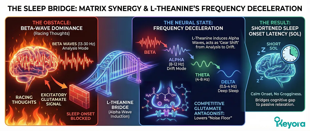 L-Theanine acts as the "Bridge" and "Gear Shift" to sleep, combating "racing thoughts" (Beta-Wave dominance). It facilitates Neural Deceleration by inducing Alpha-Wave Oscillation (8-12 Hz), transitioning the brain from "Analysis Mode" to "Drift Mode." By acting as a Glutamate Antagonist, L-Theanine lowers the noise floor, significantly shortening Sleep Onset Latency (SOL) without causing grogginess. L-Theanine acts as the "Bridge" and "Gear Shift" to sleep, combating "racing thoughts" (Beta-Wave dominance). It facilitates Neural Deceleration by inducing Alpha-Wave Oscillation (8-12 Hz), transitioning the brain from "Analysis Mode" to "Drift Mode." By acting as a Glutamate Antagonist, L-Theanine lowers the noise floor, significantly shortening Sleep Onset Latency (SOL) without causing grogginess.