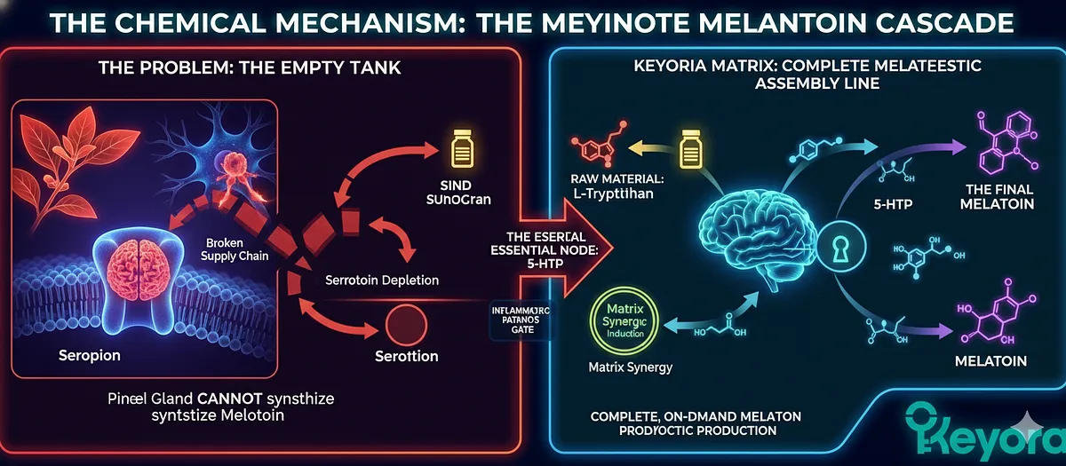 The Melatonin Cascade addresses the "Empty Tank" scenario where stress and IDO enzyme hijack deplete Serotonin reserves, blocking Melatonin synthesis. Ashwagandha creates the permissive environment (Cortisol reduction), but the Keyora Matrix provides the complete Biosynthetic Assembly Line (raw materials and cofactors) necessary for the Pineal Gland to manufacture the sleep hormone and complete the restoration of the circadian rhythm. The Melatonin Cascade addresses the "Empty Tank" scenario where stress and IDO enzyme hijack deplete Serotonin reserves, blocking Melatonin synthesis. Ashwagandha creates the permissive environment (Cortisol reduction), but the Keyora Matrix provides the complete Biosynthetic Assembly Line (raw materials and cofactors) necessary for the Pineal Gland to manufacture the sleep hormone and complete the restoration of the circadian rhythm.