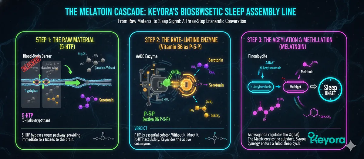 The Melatonin Biosynthetic Assembly Line requires 5-HTP (Step 1) to bypass BBB transport competition and the rate-limiting Tryptophan Hydroxylase. Vitamin B6 (P-5-P) (Step 2) is the critical coenzyme for the AADC enzyme, ensuring 5-HTP converts to Serotonin. In Step 3, Serotonin is converted to Melatonin (via AANAT/ASMT) upon Cortisol drop. Ashwagandha regulates the signal, and the Matrix provides the substance (5-HTP/B6). The Melatonin Biosynthetic Assembly Line requires 5-HTP (Step 1) to bypass BBB transport competition and the rate-limiting Tryptophan Hydroxylase. Vitamin B6 (P-5-P) (Step 2) is the critical coenzyme for the AADC enzyme, ensuring 5-HTP converts to Serotonin. In Step 3, Serotonin is converted to Melatonin (via AANAT/ASMT) upon Cortisol drop. Ashwagandha regulates the signal, and the Matrix provides the substance (5-HTP/B6).