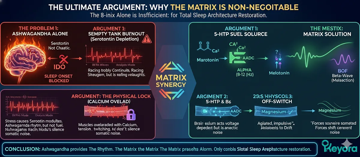 The 8-in-1 Matrix is Non-Negotiable for Sleep Architecture restoration due to complex failure points. 5-HTP is mandatory (Empty Tank) to refill depleted Serotonin for Melatonin synthesis. Magnesium (Physical Lock) is mandatory to block Calcium overload and force somatic relaxation. L-Theanine (Racing Mind) is mandatory to induce Alpha Waves and bridge the frequency to deep sleep. Ashwagandha provides the Rhythm; the Matrix provides the Chemistry/Relaxation. The 8-in-1 Matrix is Non-Negotiable for Sleep Architecture restoration due to complex failure points. 5-HTP is mandatory (Empty Tank) to refill depleted Serotonin for Melatonin synthesis. Magnesium (Physical Lock) is mandatory to block Calcium overload and force somatic relaxation. L-Theanine (Racing Mind) is mandatory to induce Alpha Waves and bridge the frequency to deep sleep. Ashwagandha provides the Rhythm; the Matrix provides the Chemistry/Relaxation.