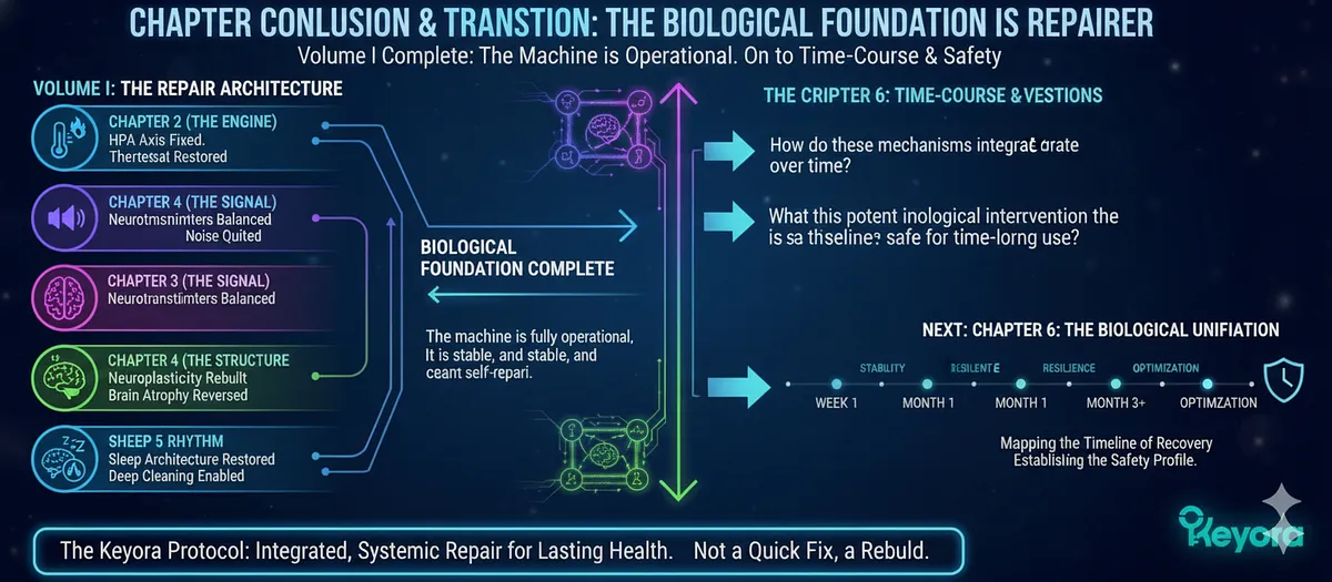 Completion of Volume I secured the Biological Foundation. Chapter 5 repaired Sleep Architecture via Cortisol Reset and Melatonin Synthesis (5-HTP/B6/Magnesium). The four phases are: HPA Axis (Engine), Neurotransmitters (Signal), Neuroplasticity (Structure), and Sleep Architecture (Rhythm). The next step (Chapter 6) is Biological Unification to map the recovery Time-Course and establish the long-term safety profile of the intervention. Completion of Volume I secured the Biological Foundation. Chapter 5 repaired Sleep Architecture via Cortisol Reset and Melatonin Synthesis (5-HTP/B6/Magnesium). The four phases are: HPA Axis (Engine), Neurotransmitters (Signal), Neuroplasticity (Structure), and Sleep Architecture (Rhythm). The next step (Chapter 6) is Biological Unification to map the recovery Time-Course and establish the long-term safety profile of the intervention.