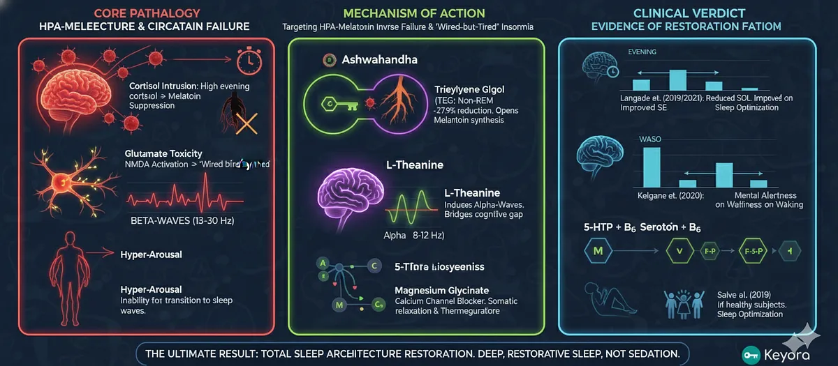 The Chapter Theme addresses HPA-Melatonin Inverse Failure and Hyper-Arousal. Ashwagandha uses TEG for NREM induction and Cortisol Modulation (-27.9%) to open the sleep gate. Matrix Synergy provides: L-Theanine (Alpha-Waves), Magnesium (Calcium Blockade), and 5-HTP/B6 (AADC Enzyme) for Melatonin synthesis. Clinical data (Langade, Kelgane) validates reduced SOL and improved SE and Mental Alertness. The Chapter Theme addresses HPA-Melatonin Inverse Failure and Hyper-Arousal. Ashwagandha uses TEG for NREM induction and Cortisol Modulation (-27.9%) to open the sleep gate. Matrix Synergy provides: L-Theanine (Alpha-Waves), Magnesium (Calcium Blockade), and 5-HTP/B6 (AADC Enzyme) for Melatonin synthesis. Clinical data (Langade, Kelgane) validates reduced SOL and improved SE and Mental Alertness.